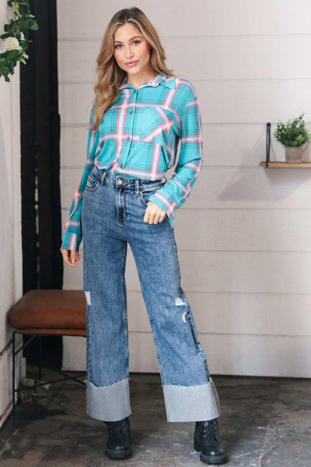 Cotton High Rise Cuffed Wide Leg Denim Jeans