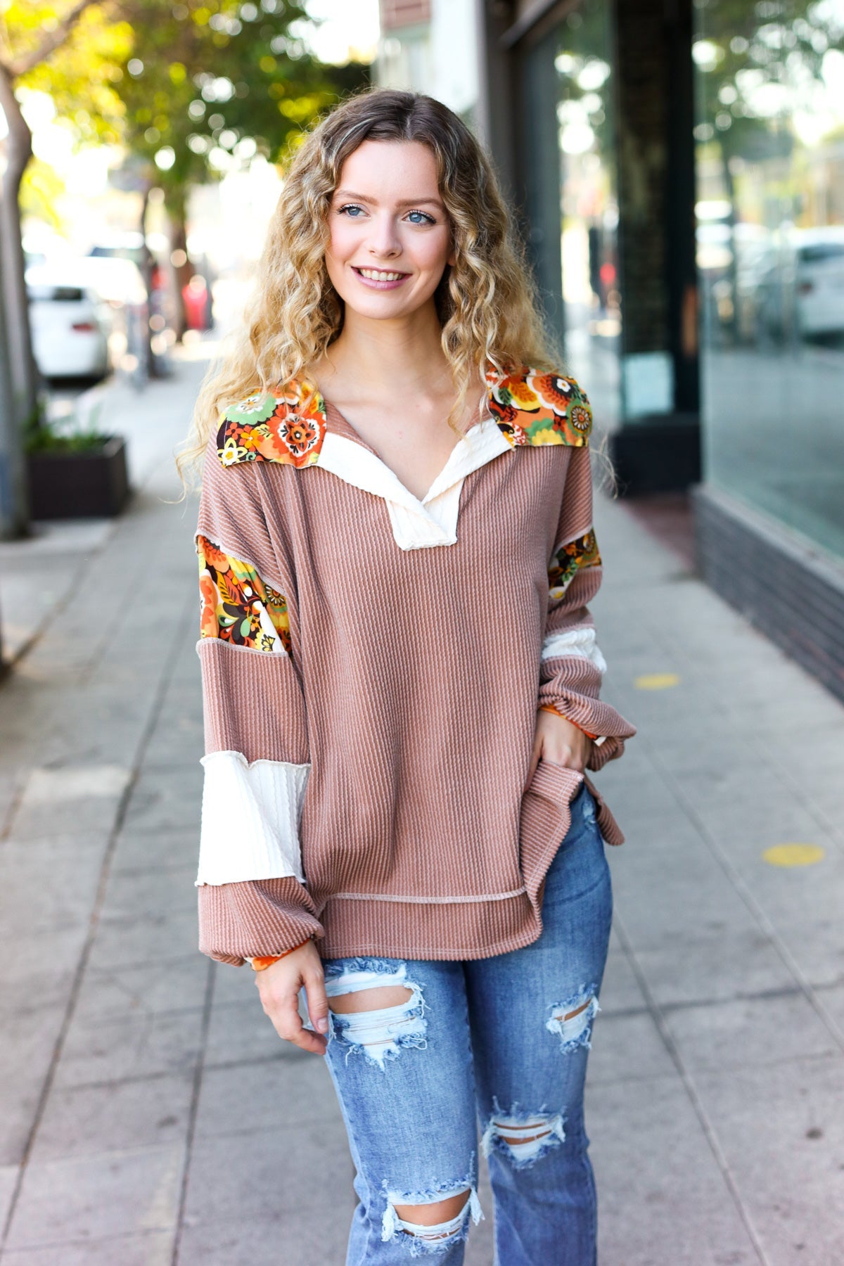 Charming Caramel Floral Print Colorblock Notch Neck Top