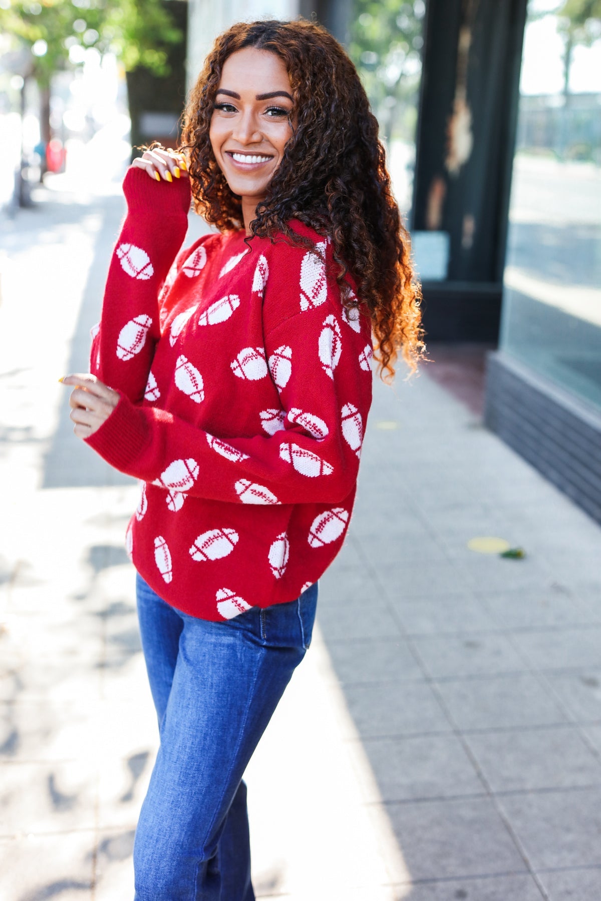 Game Day Red Football Print Jacquard Knit Sweater