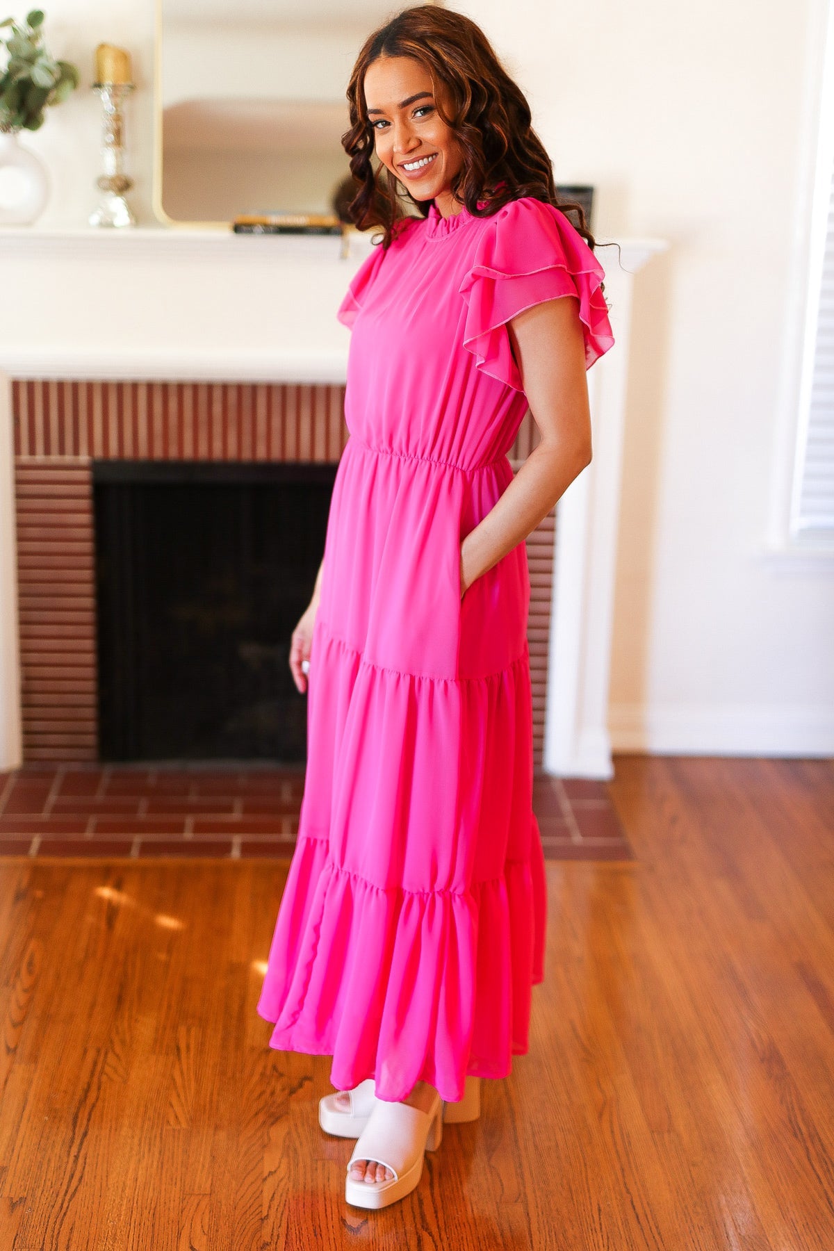 Perfectly You Hot Pink Mock Neck Tiered Chiffon Maxi Dress