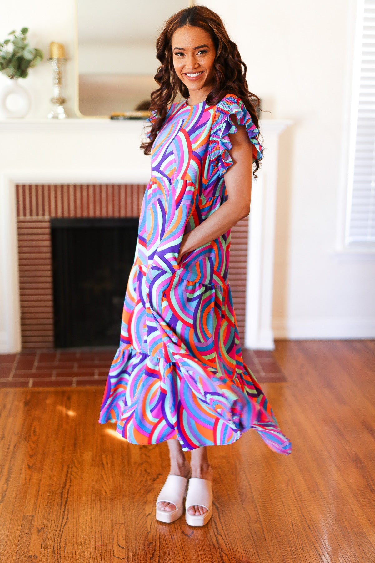 Feel Your Best Purple Abstract Print Smocked Ruffle Sleeve Maxi Dress