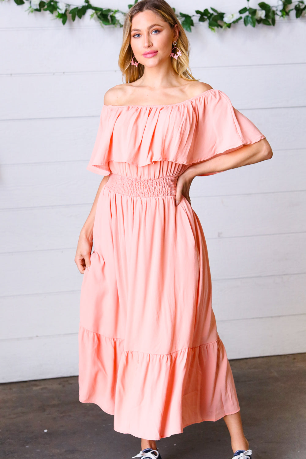 Coral off Shoulder Smocked Waist Ruffle Sleeve Midi Dress