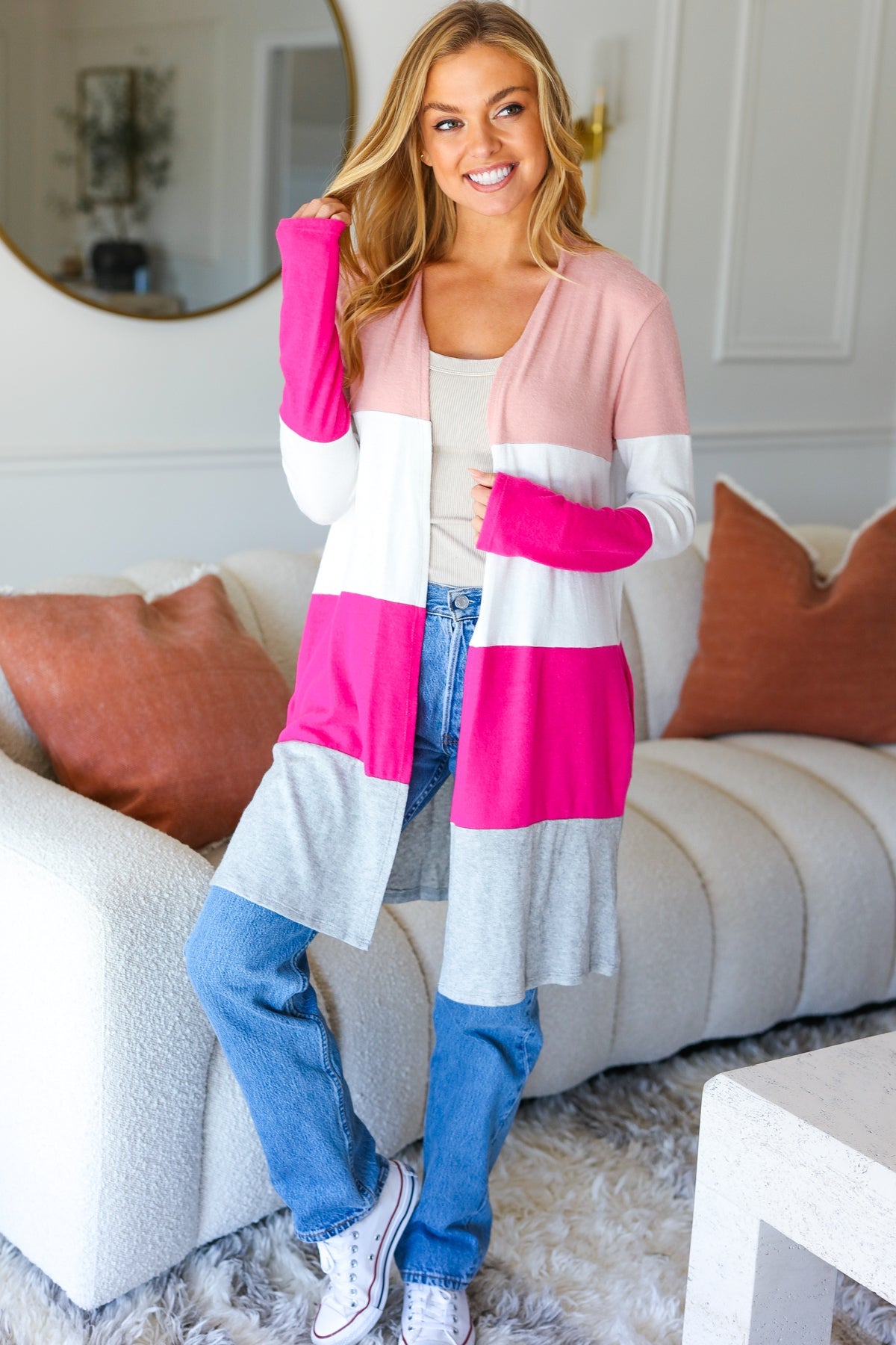 Face The Day Blush Wide Stripe Hacci Colorblock Cardigan