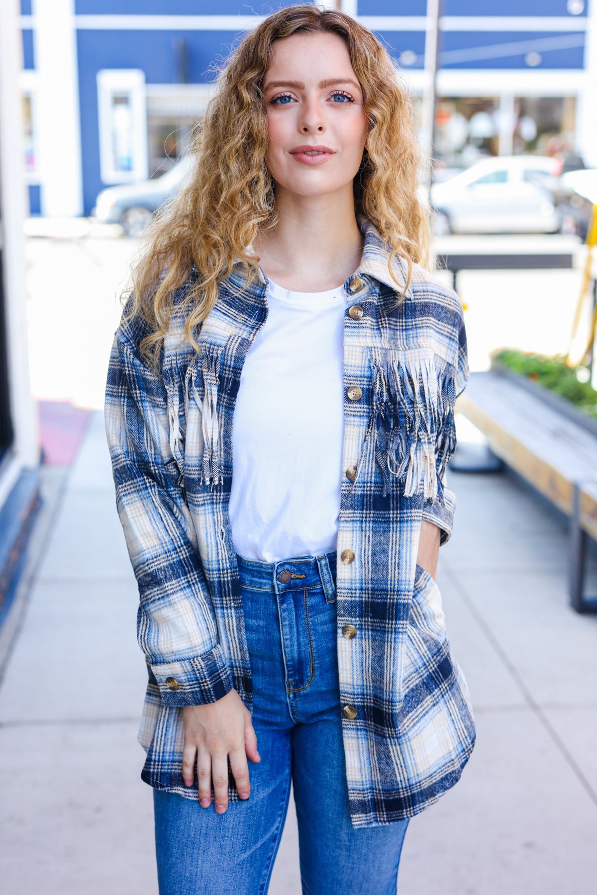 Boldly You Navy Plaid Fringe Button Down Shacket