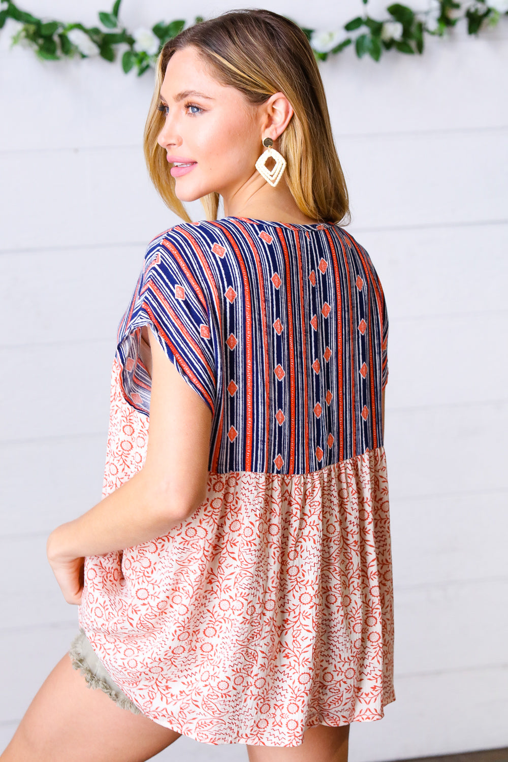 Navy & Coral Boho Tie Neck Dolman Top