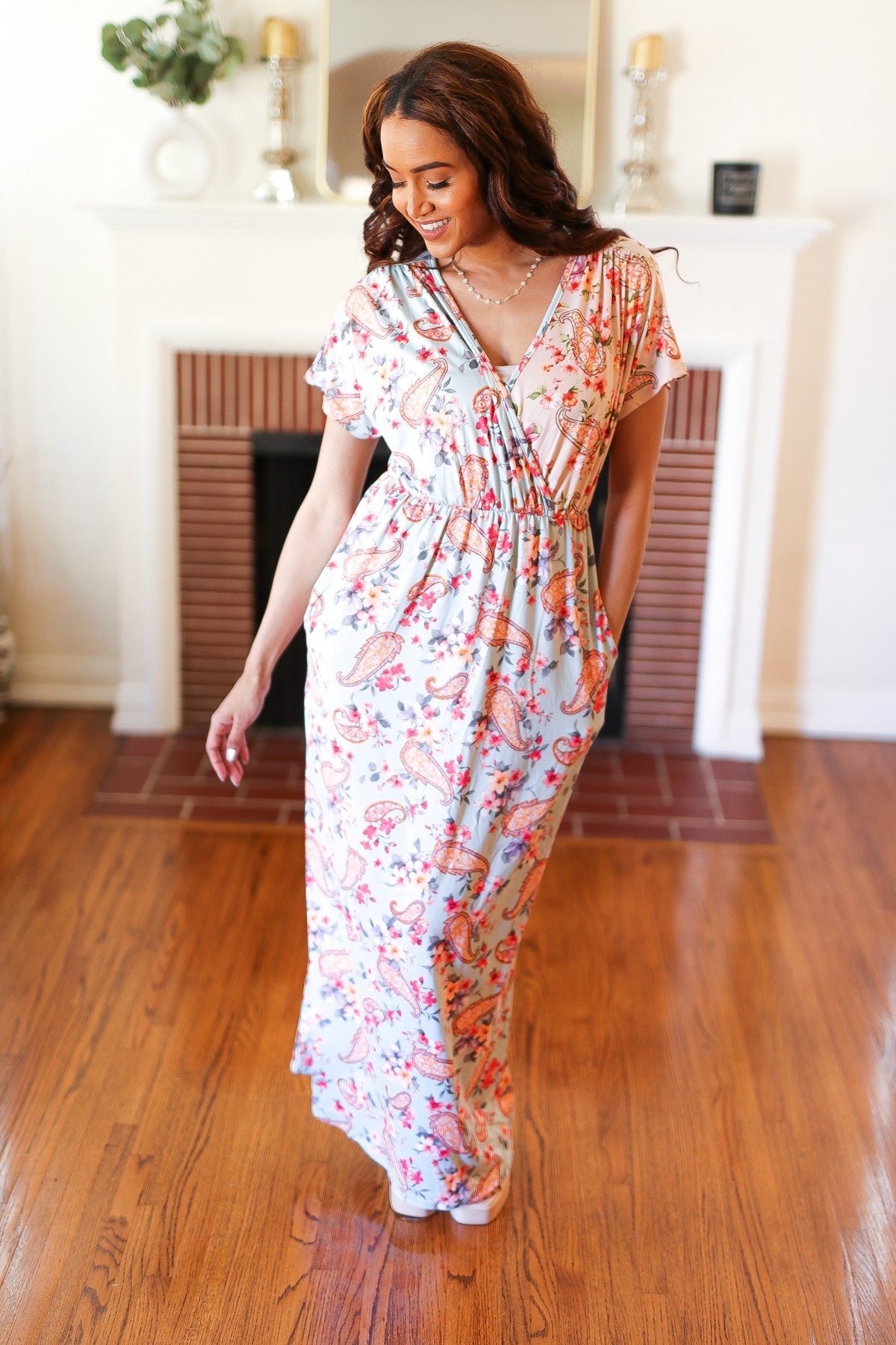 Mint Floral Paisley Surplice Elastic Waist Maxi Dress