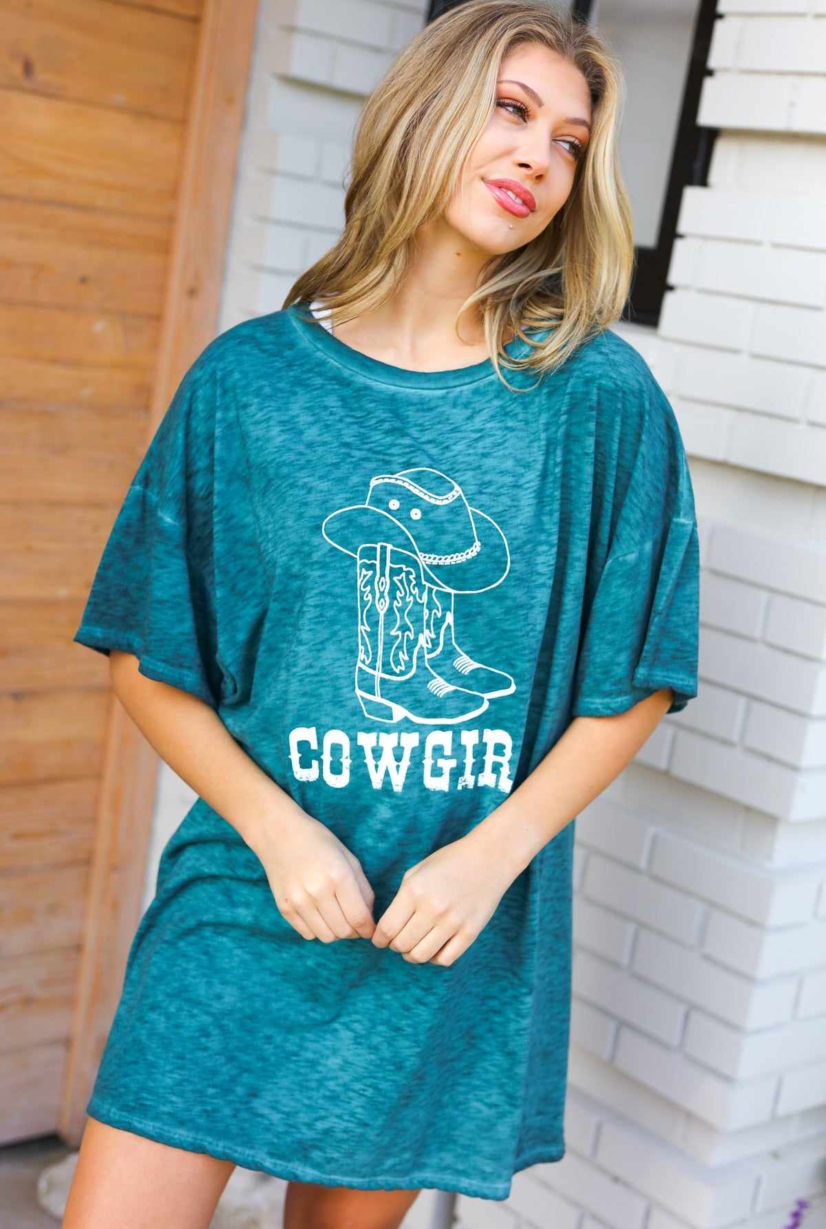 Emerald Cotton Blend COWGIRL Graphic Long Tee