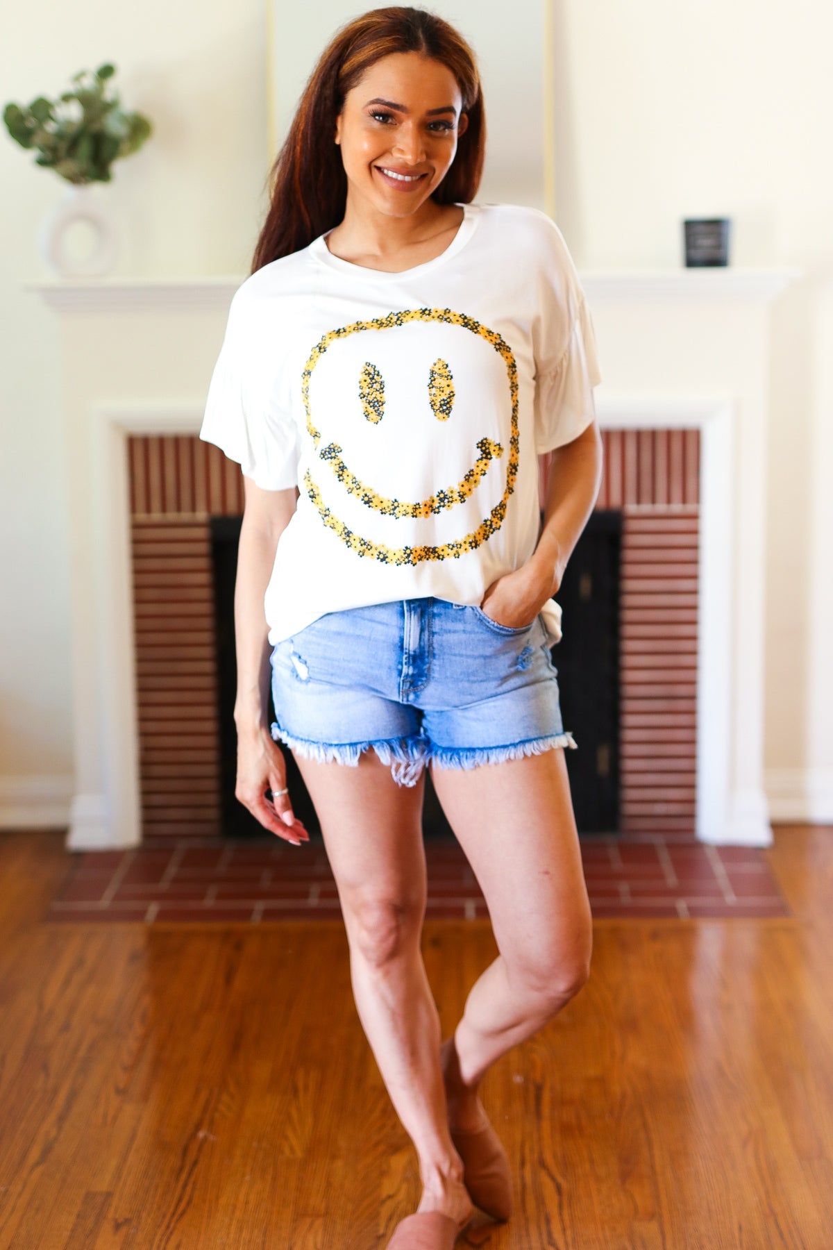 Live For Today White Floral Smiley Face Flutter Sleeve Tee