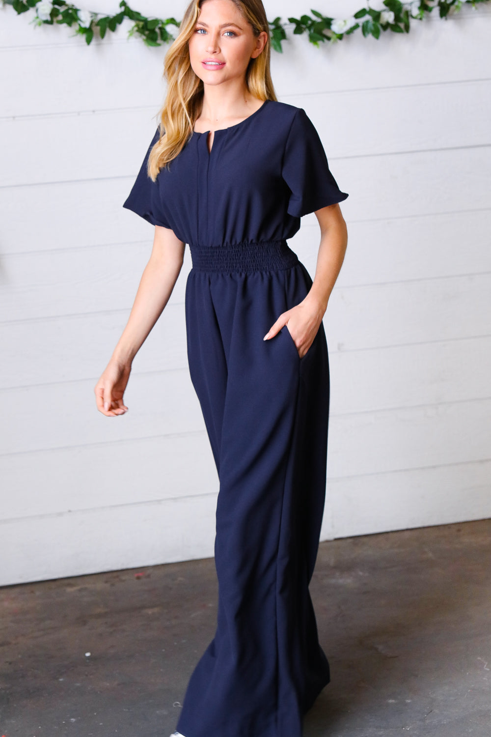 Dark Blue Smocked Waist Notch Neck Crepe Jumpsuit