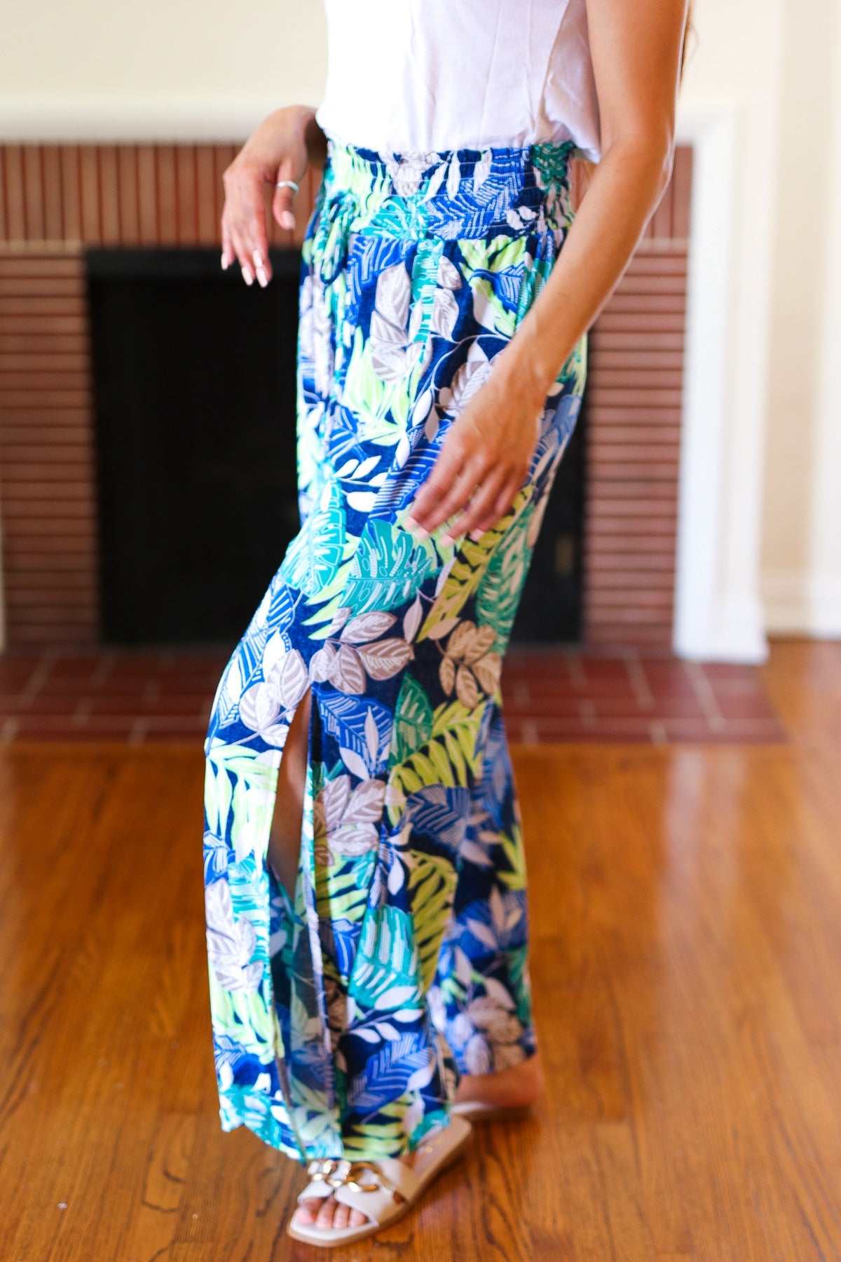 Tropical Boho Smocked Waist Side Slit Palazzo Pants