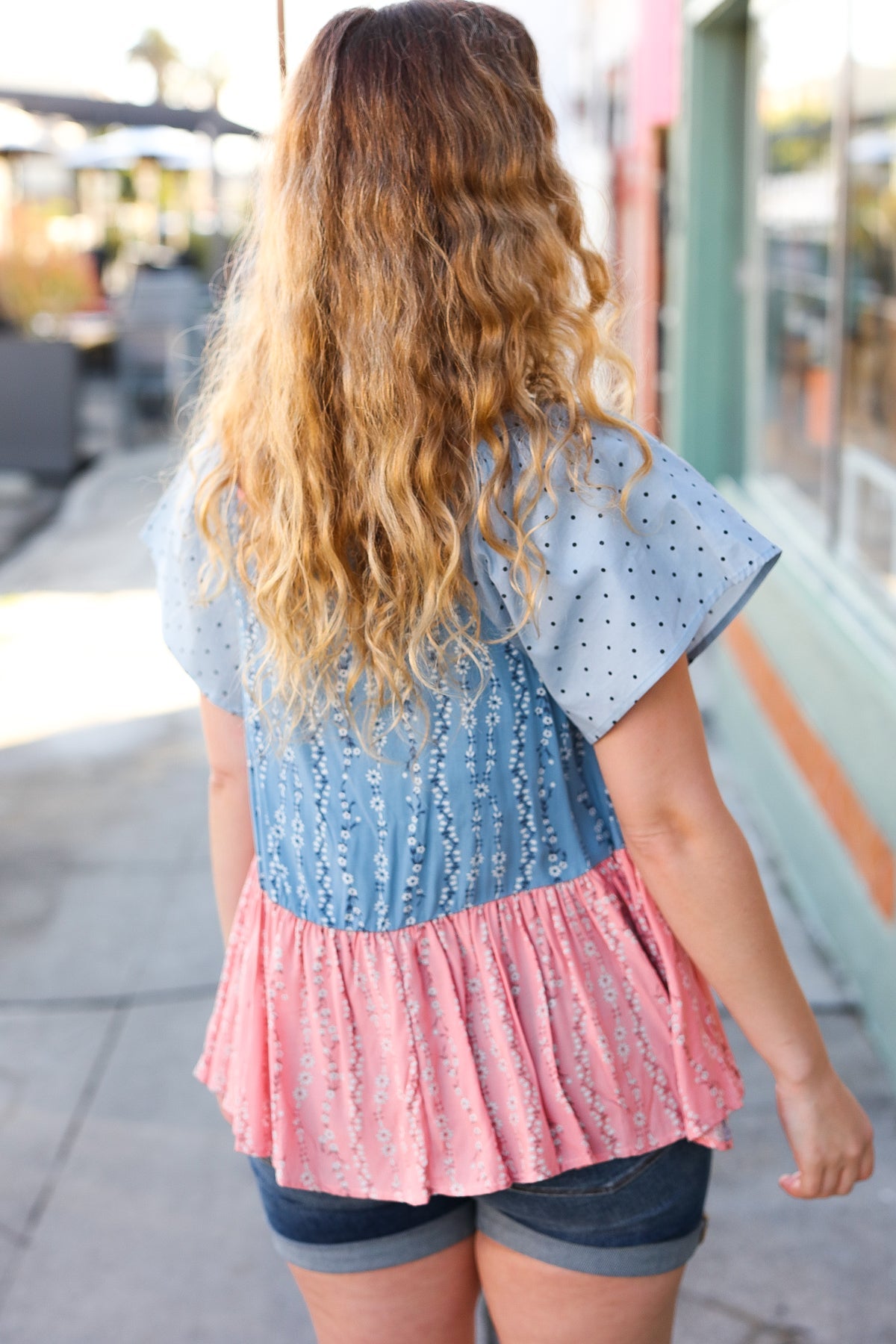 Blue & Pink Polka Dot Floral Tie Front Babydoll Top