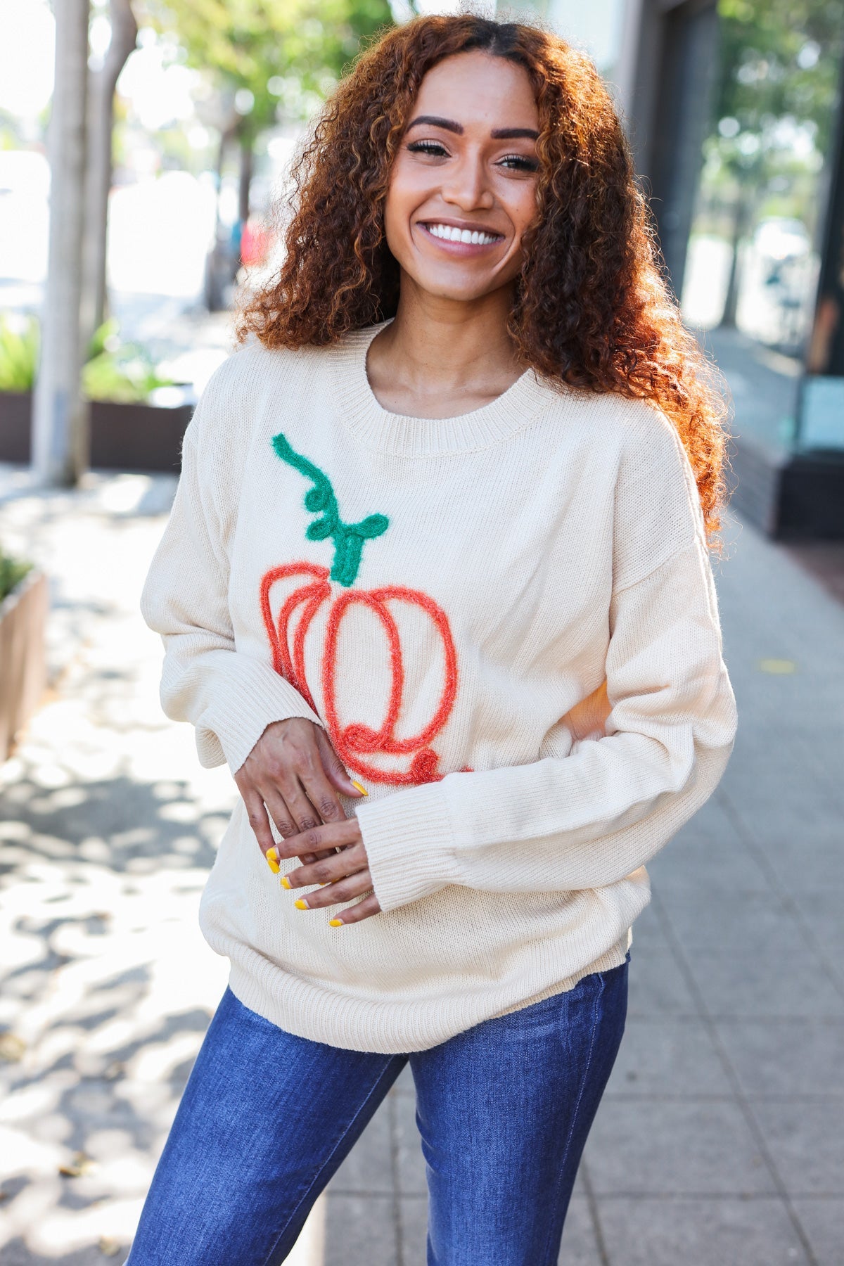 Pumpkin Spice Metallic Yarn Embroidered Oversized Sweater