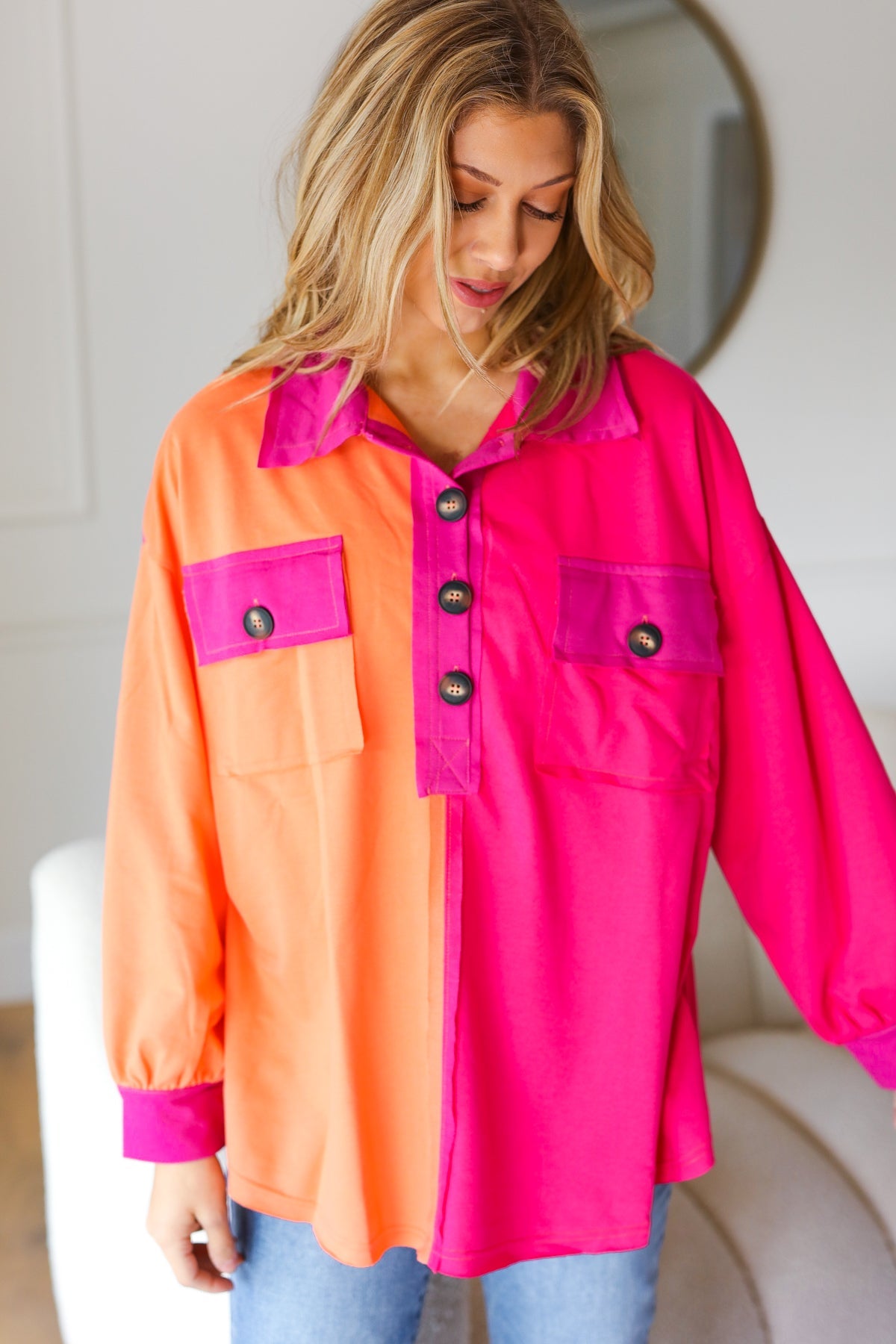 Feeling Bold Orange & Fuchsia Color Block Button Down Top