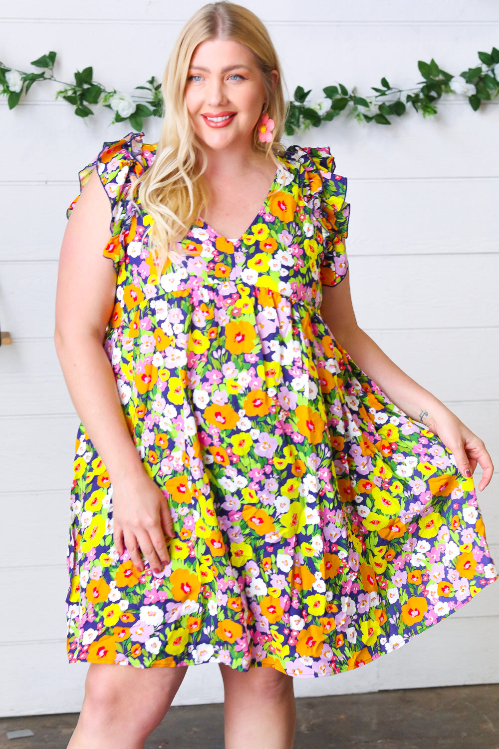 Indigo & Lemon Floral Babydoll Ruffle Dress