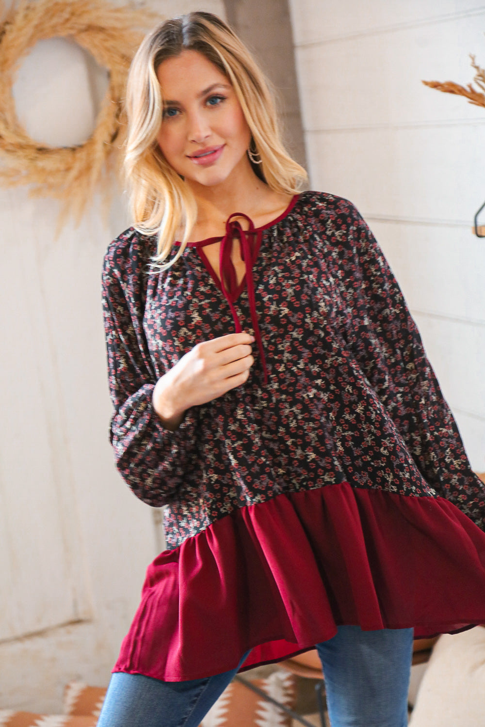 Wine Ditzy Floral Front Tie Ruffle Hem Top