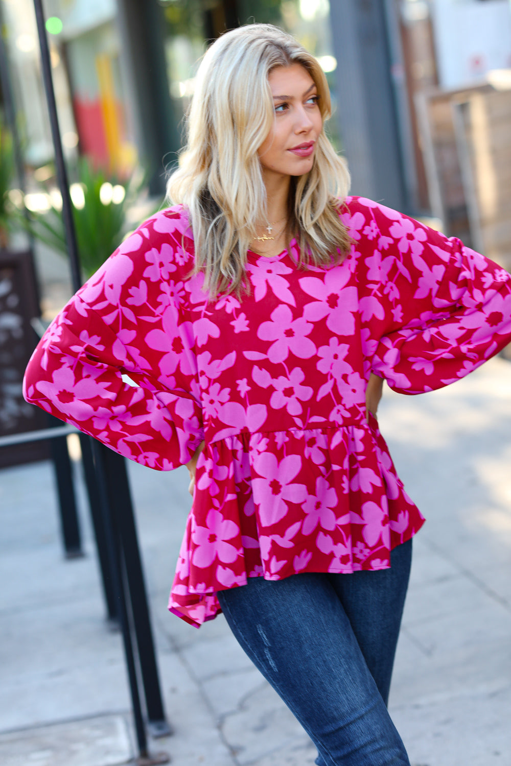 Red & Magenta Floral V Neck Woven Babydoll Top