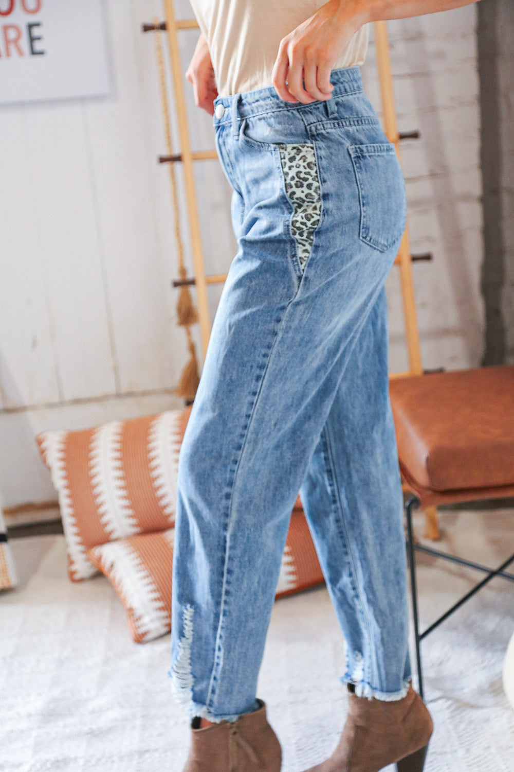 High Waist Leopard Print Washed Pocketed Ankle Torn Jeans