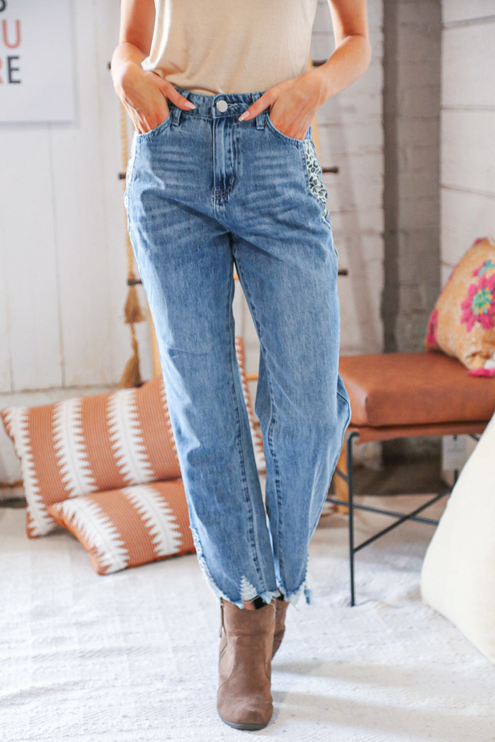 High Waist Leopard Print Washed Pocketed Ankle Torn Jeans