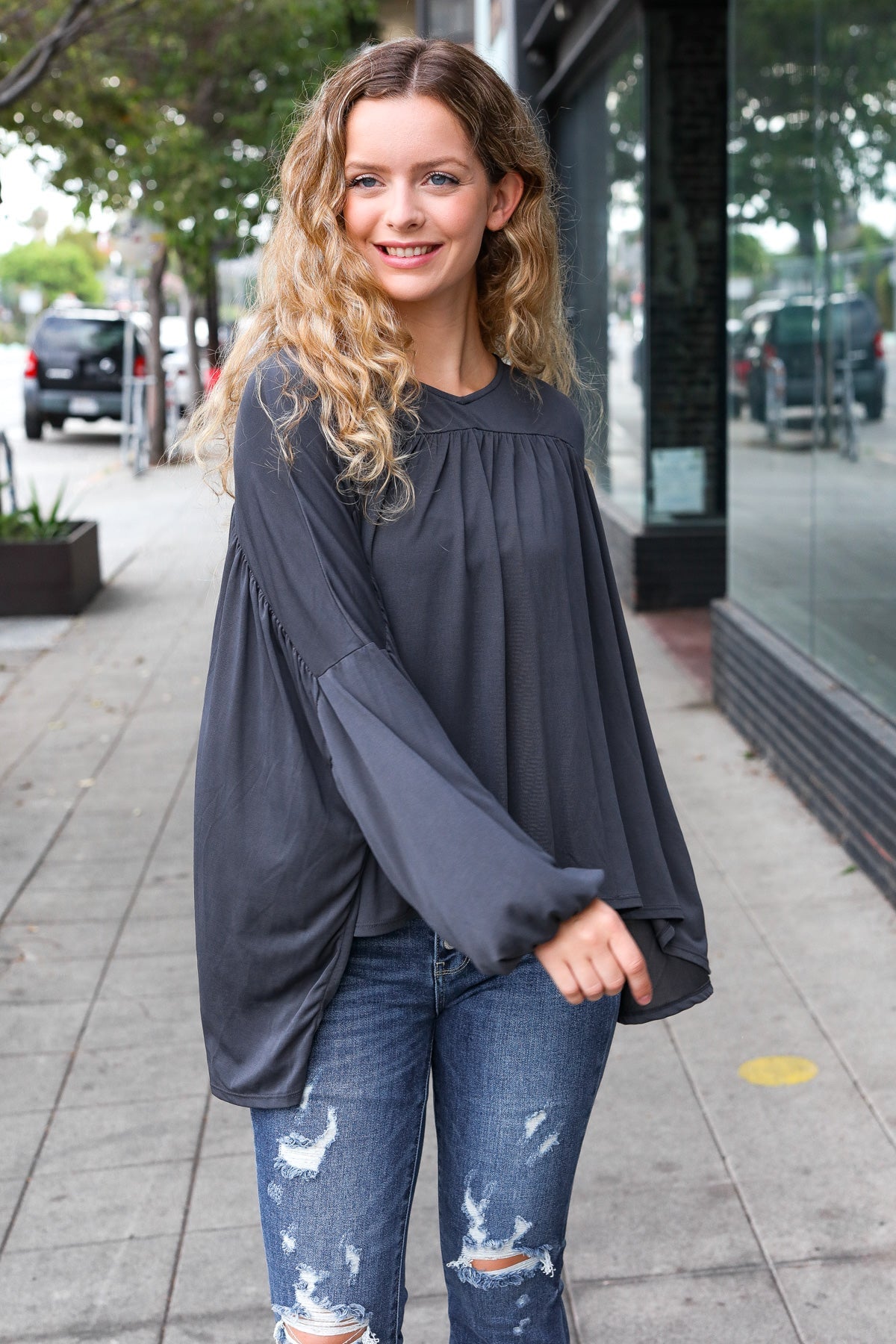 Casual Chic Charcoal V Neck Yoke Modal Knit Top