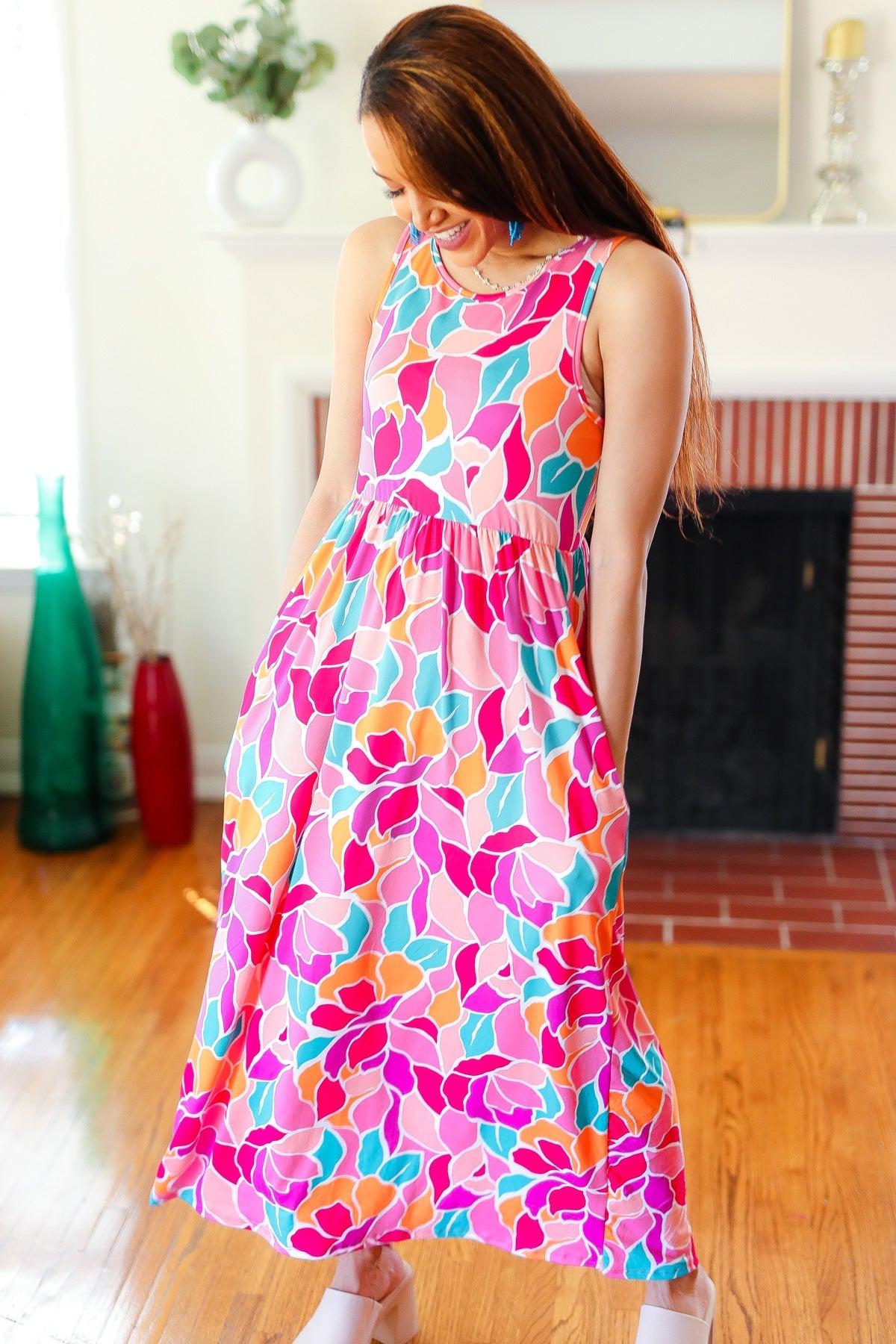 Hello Beautiful Fuchsia Abstract Floral Fit & Flare Maxi Dress