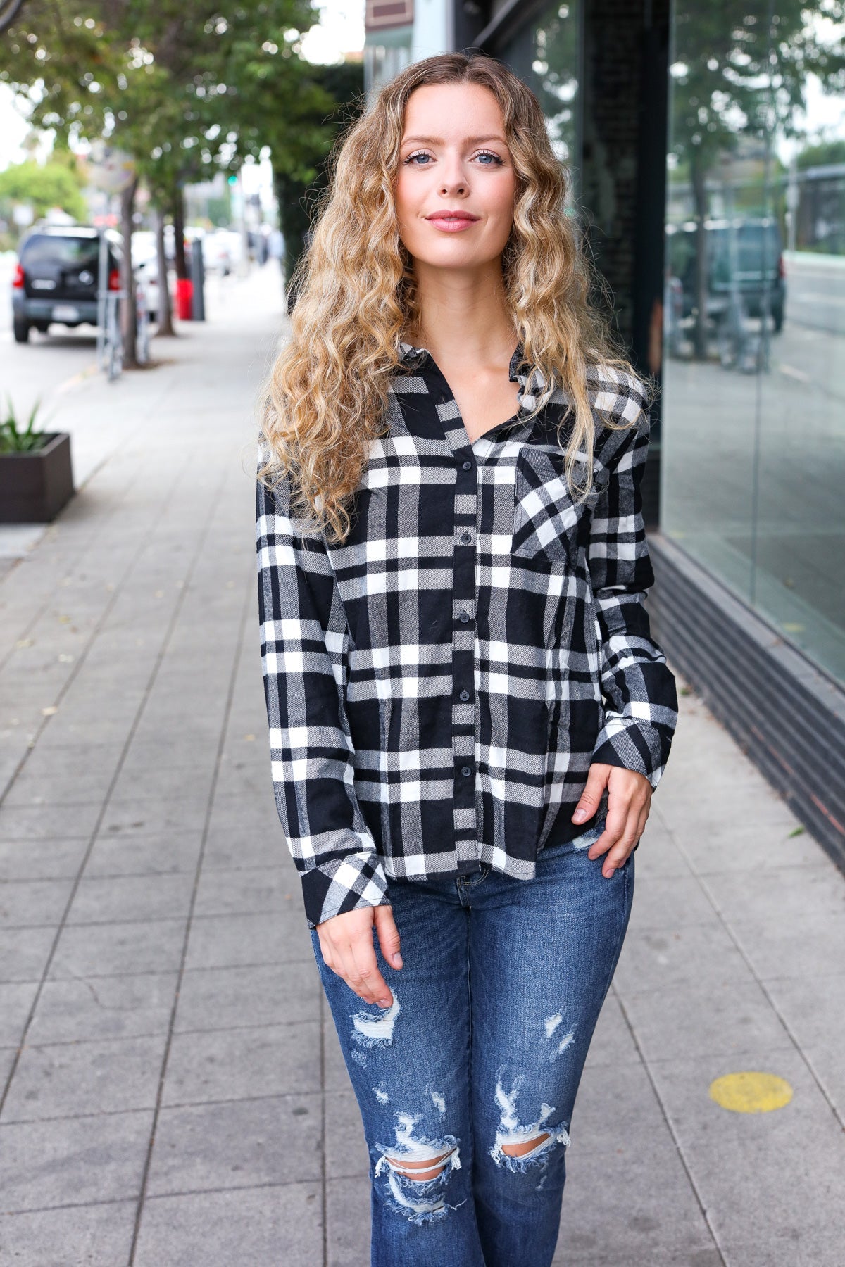 Casual Chic Black Plaid Button Down Long Sleeve Top