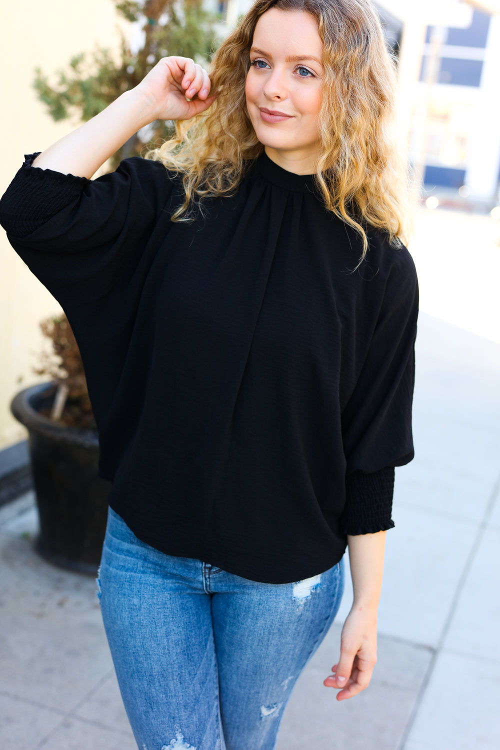 Black Smocked Three Quarter Sleeve Tie Back Top