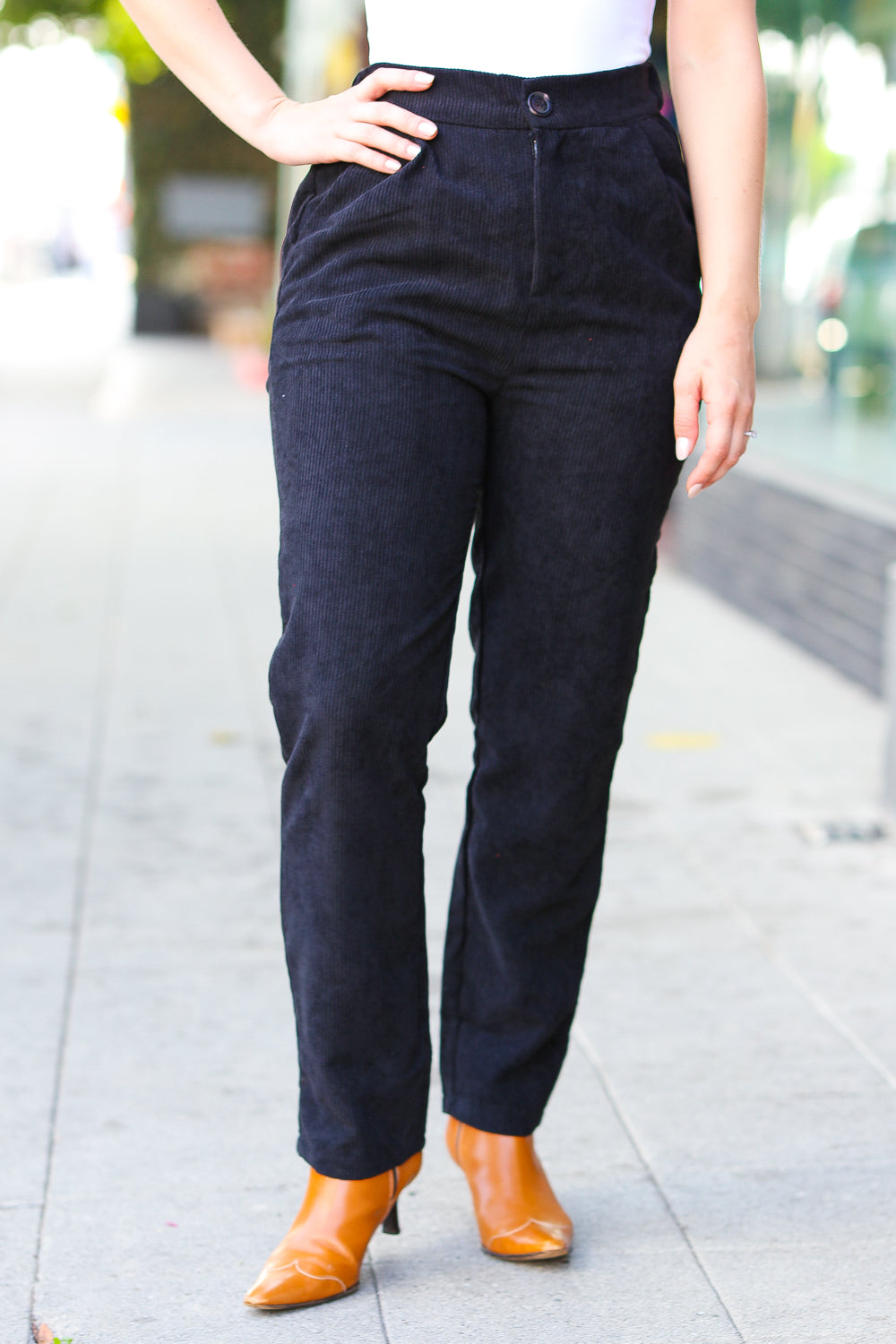 Going Your Way Black Corduroy High Rise Tapered Leg Pants