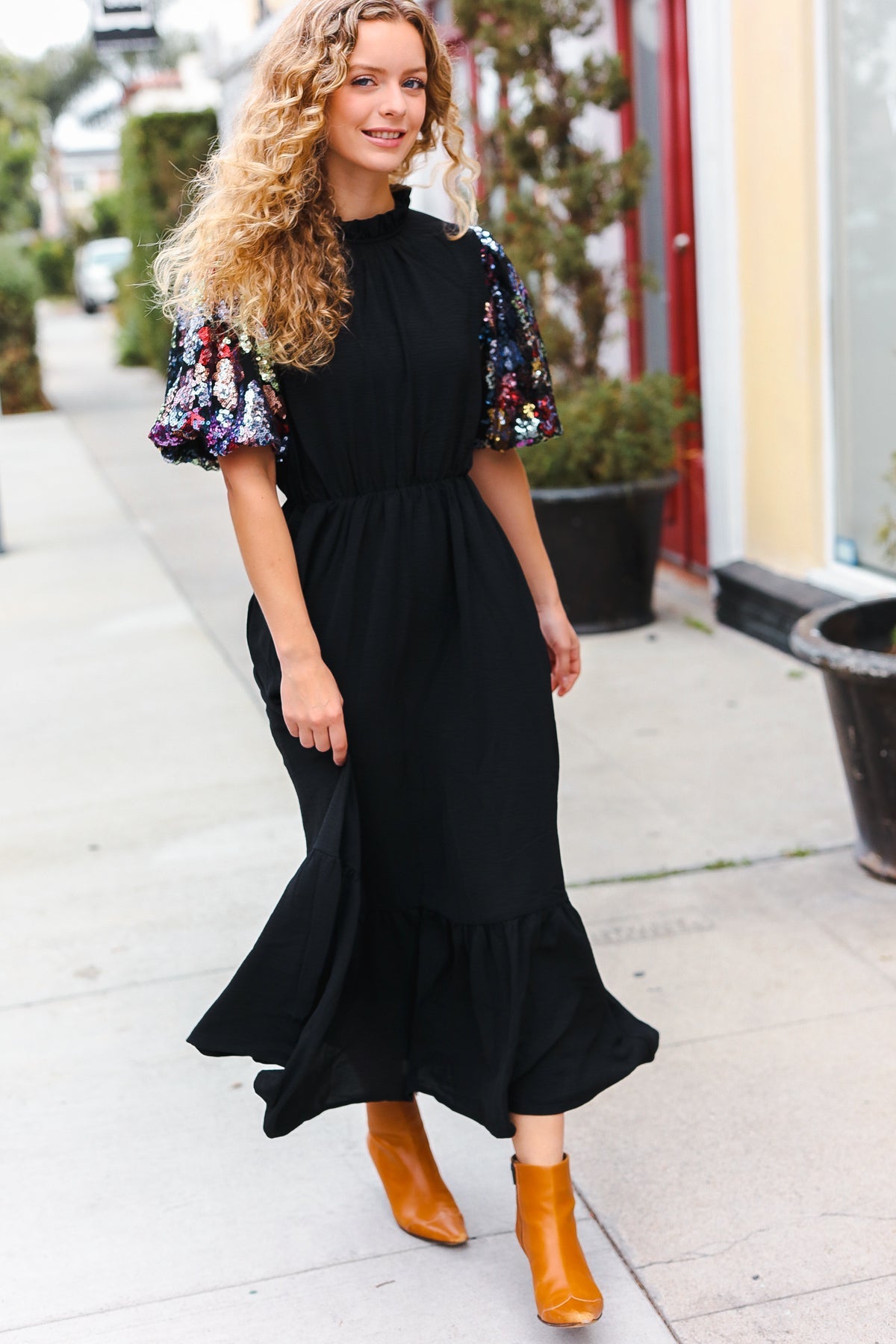 Black Floral Sequin Puff Sleeve Mock Neck Tiered Maxi Dress