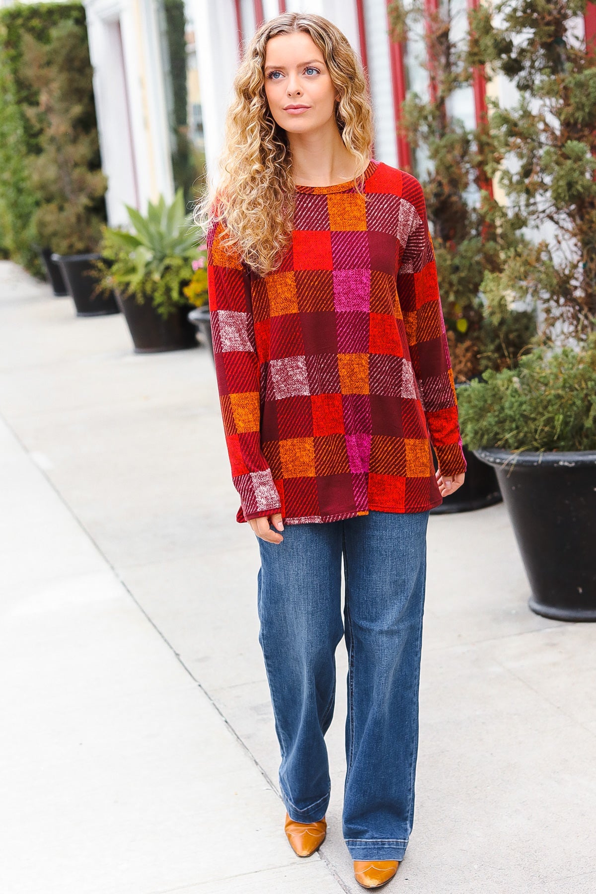 You Got This Burgundy Checker Plaid Print Hacci Knit Top