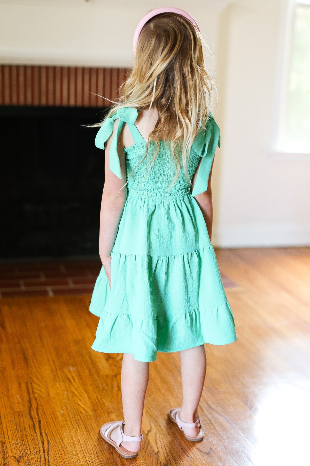 Kids Darling Lime Crepe Tiered Smocked Shoulder Tie Dress