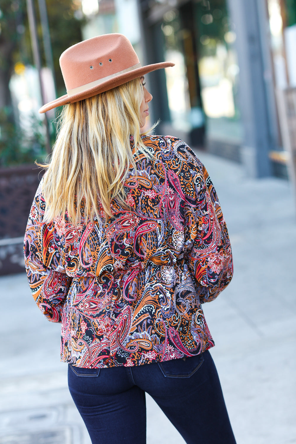 Feeling Elegant Black & Rust Paisley Surplice Peplum Top