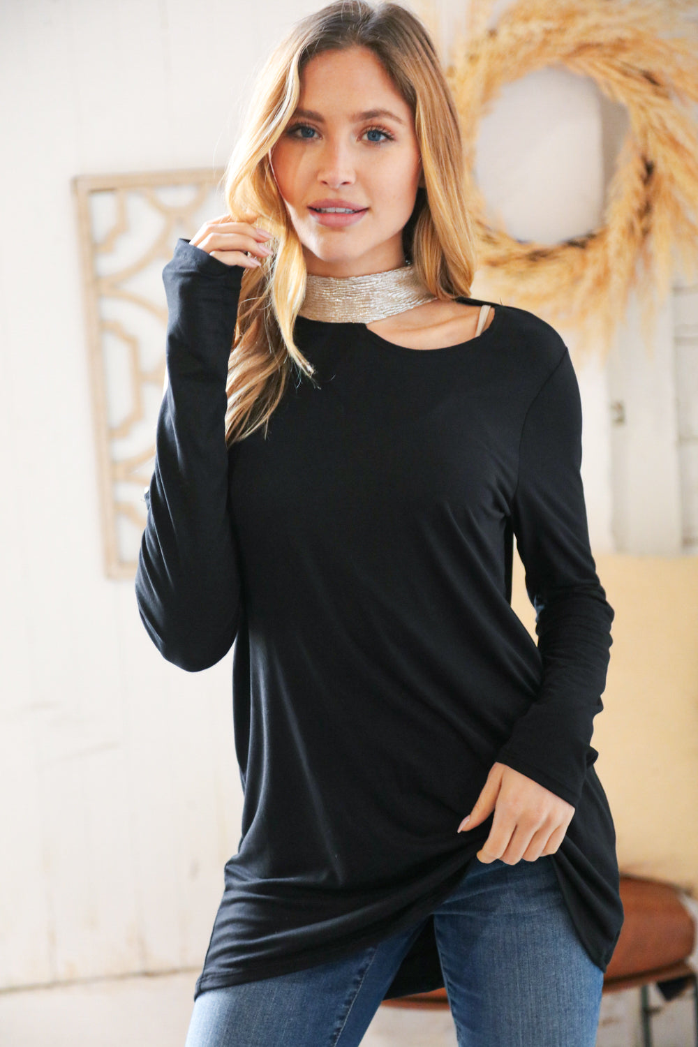 Shimmer Foil Neck Band Cold Shoulder Holiday Top