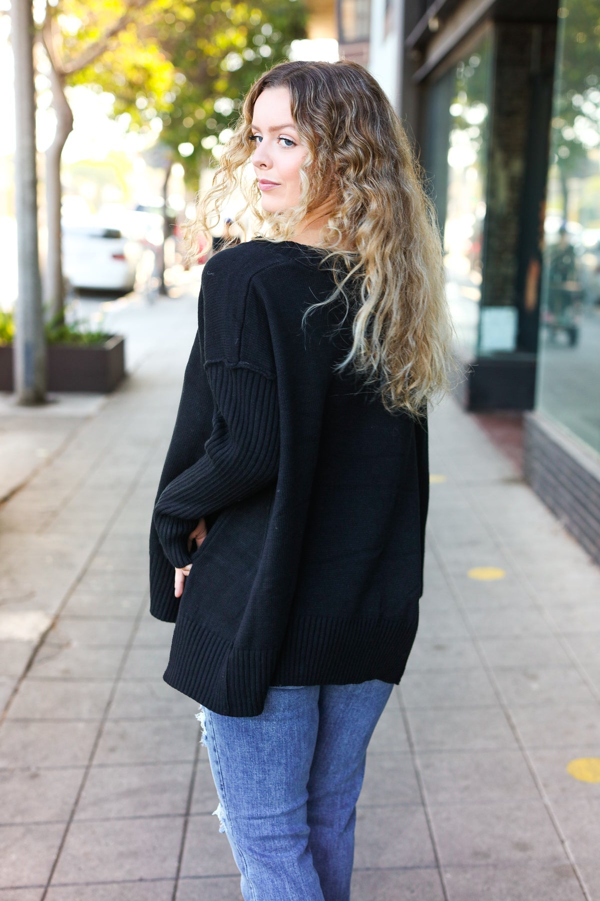 Casual Chic Black Oversized V Neck Rib Knit Sweater