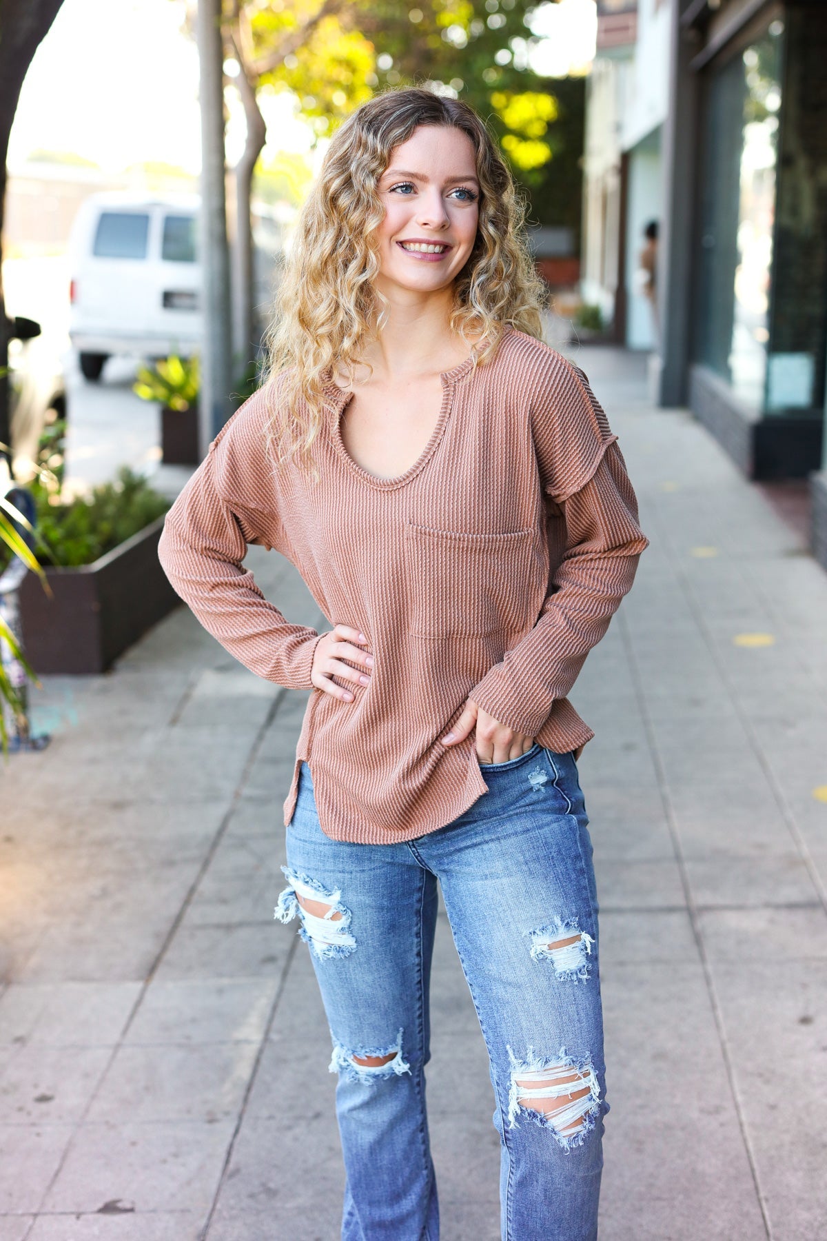 Eyes On You Camel Mineral Wash Rib Notch Neck Pocketed Top