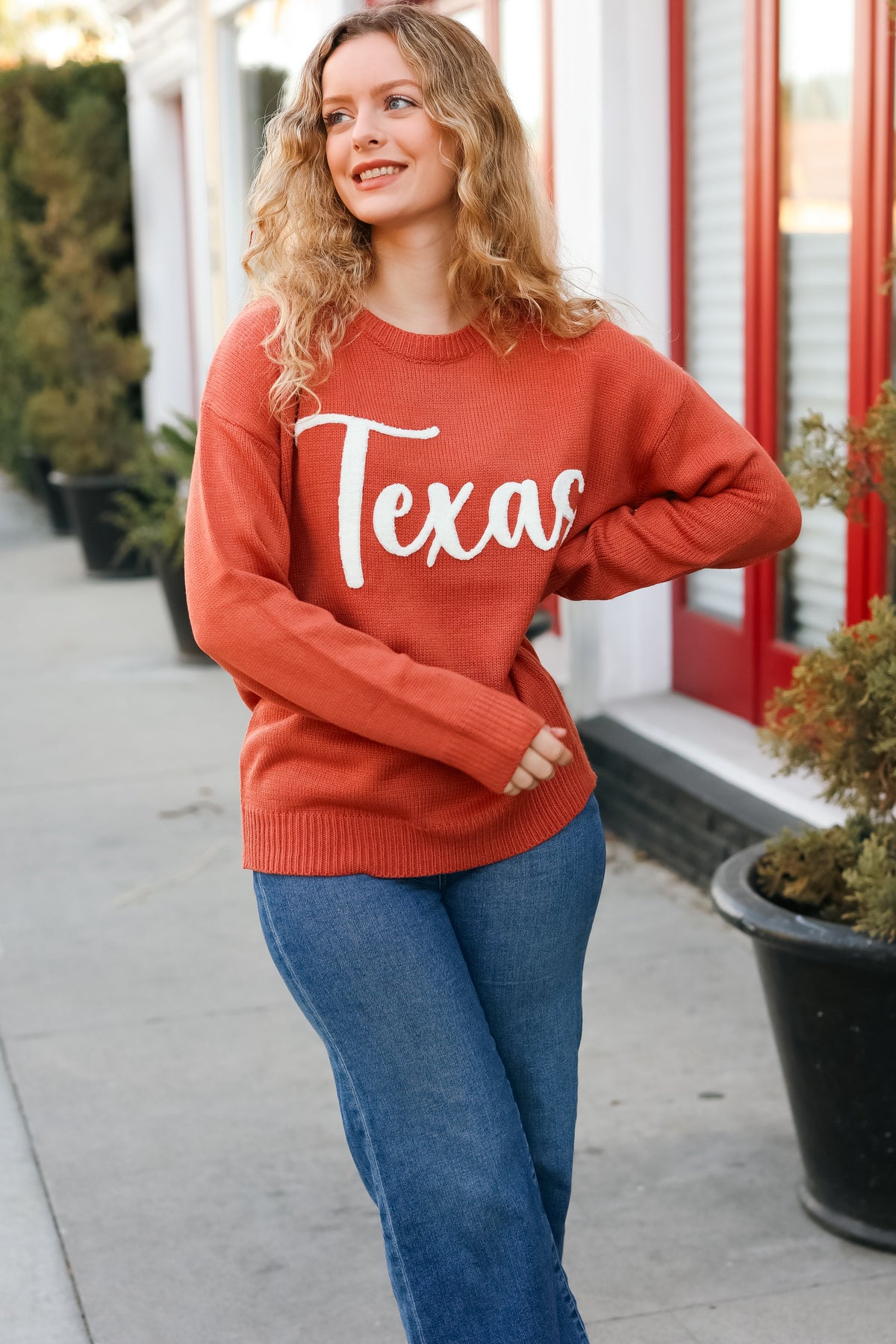 Game Day Burnt Orange "Texas" Embroidery Pop Up Sweater