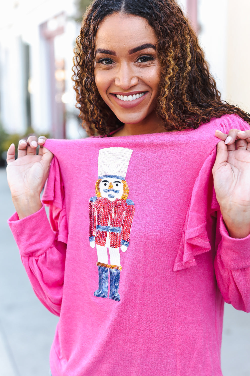 Holiday Hot Pink Sequin Nutcracker Ruffle Hacci Sweater