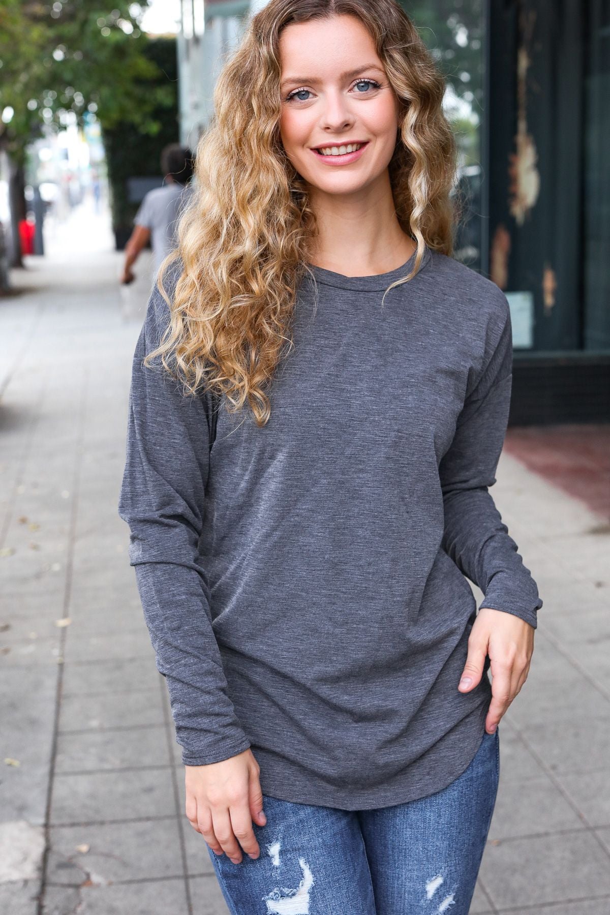 Casual Chic Solid Grey Fitted Long Sleeve Terry Pullover