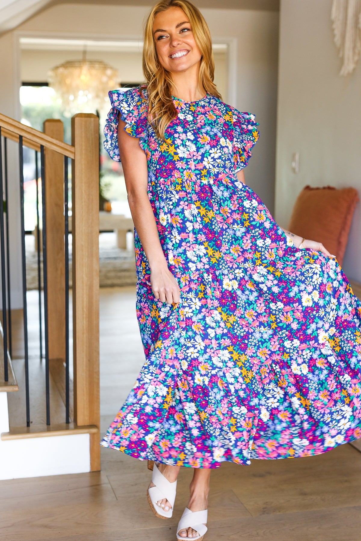 Just A Dream Navy Floral Smocked Ruffle Sleeve Maxi Dress