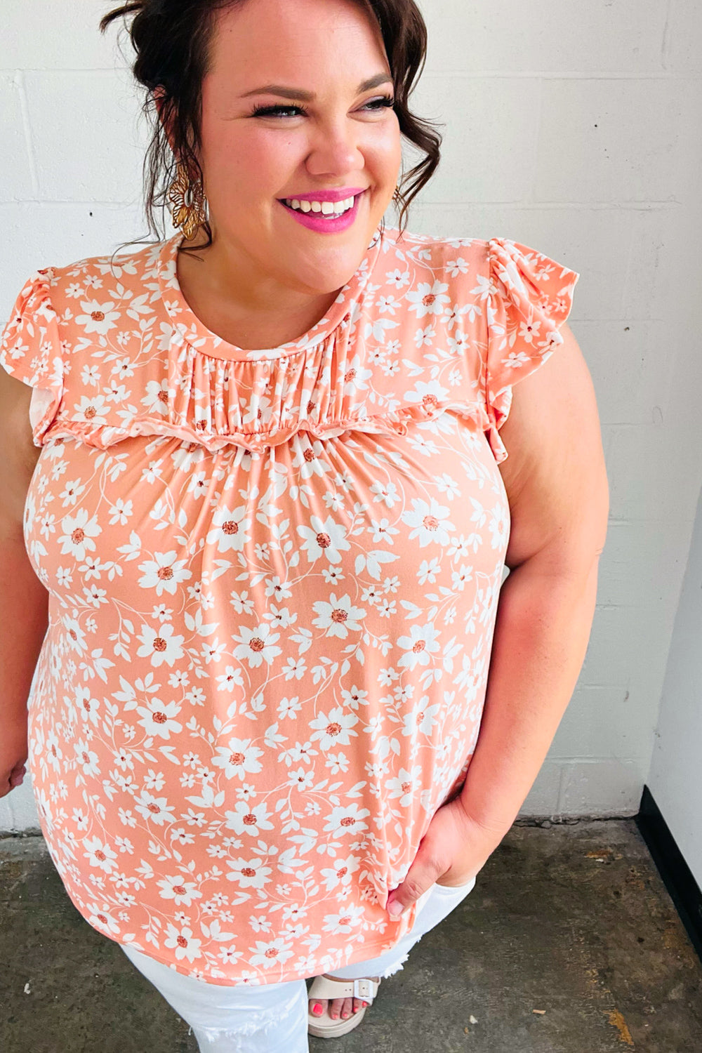 Peach Floral Print Frilled Short Sleeve Yoke Top