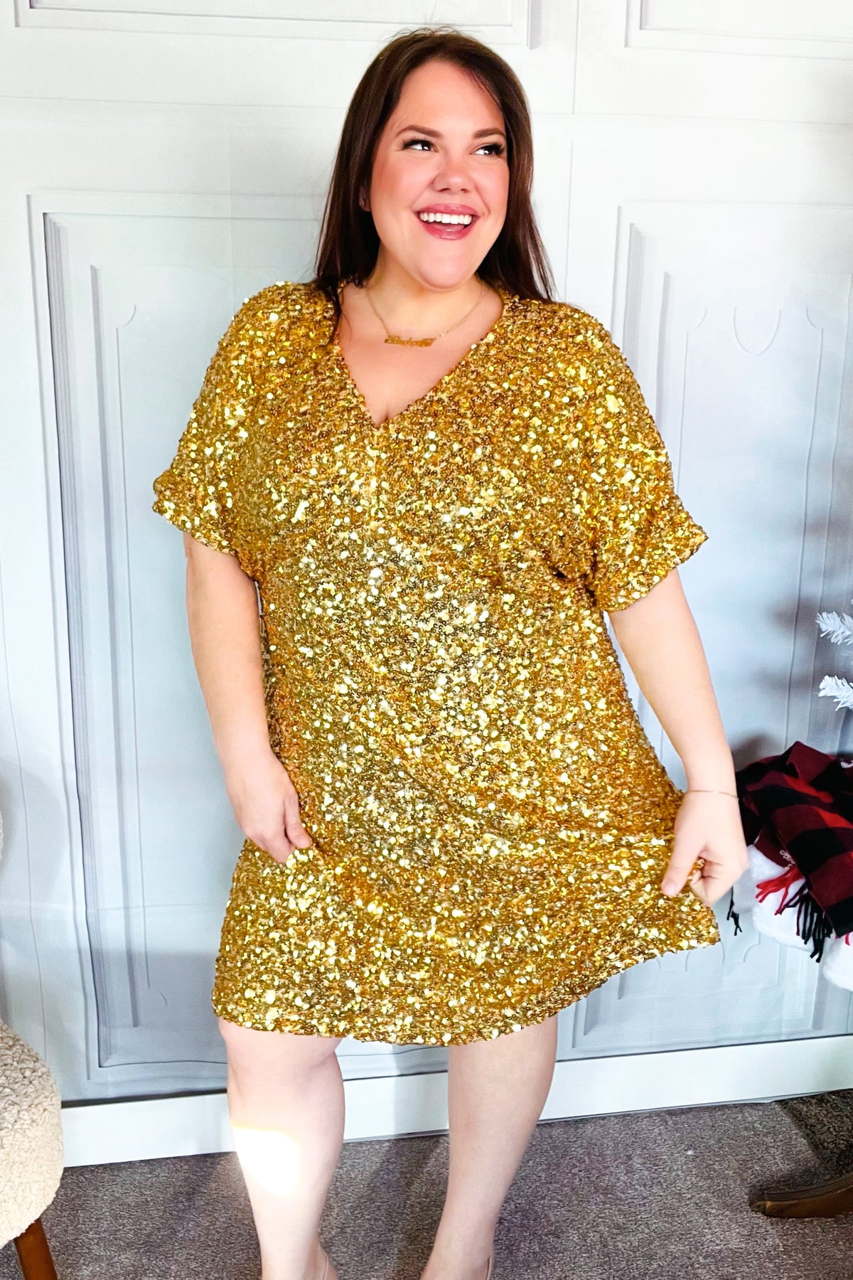 New Year Diva Dolman Gold Sequined Lined Babydoll Dress