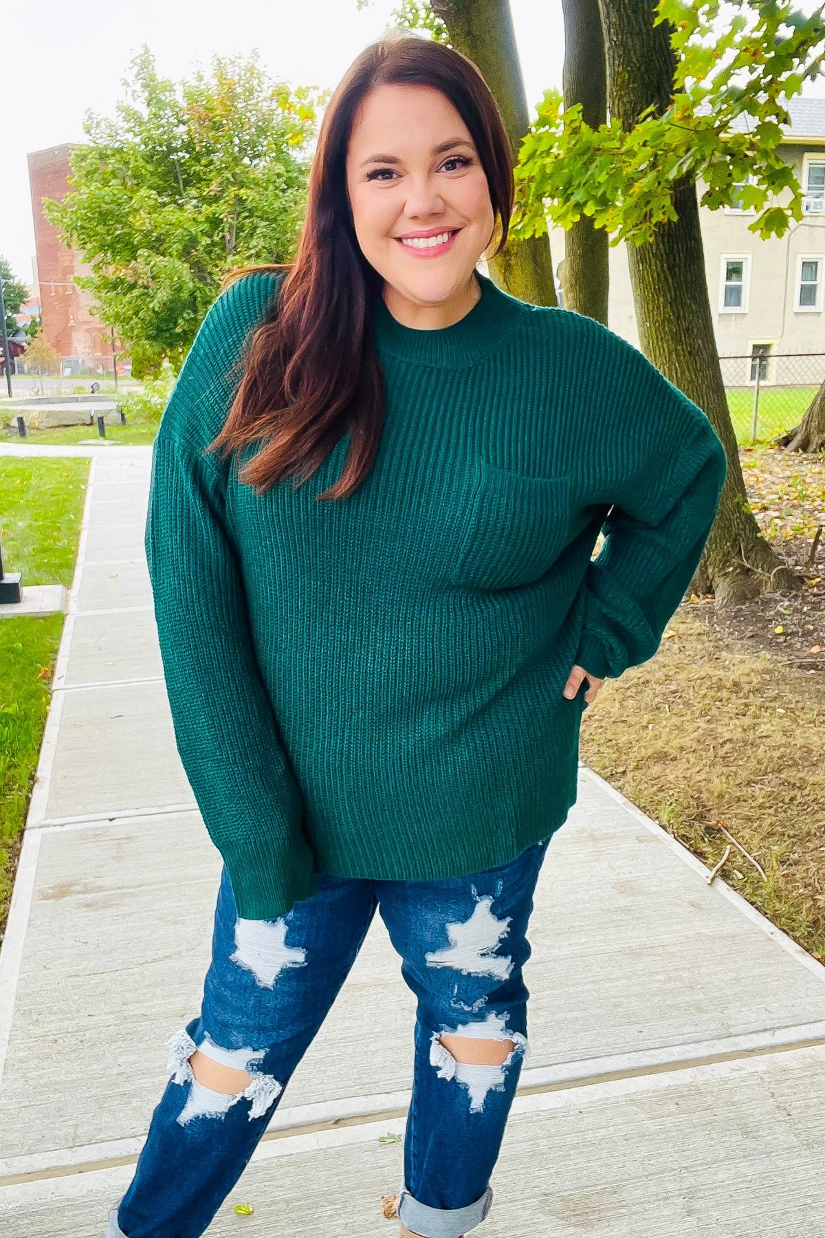 Classy Chic Hunter Green Mock Neck Chest Pocket Knit Sweater