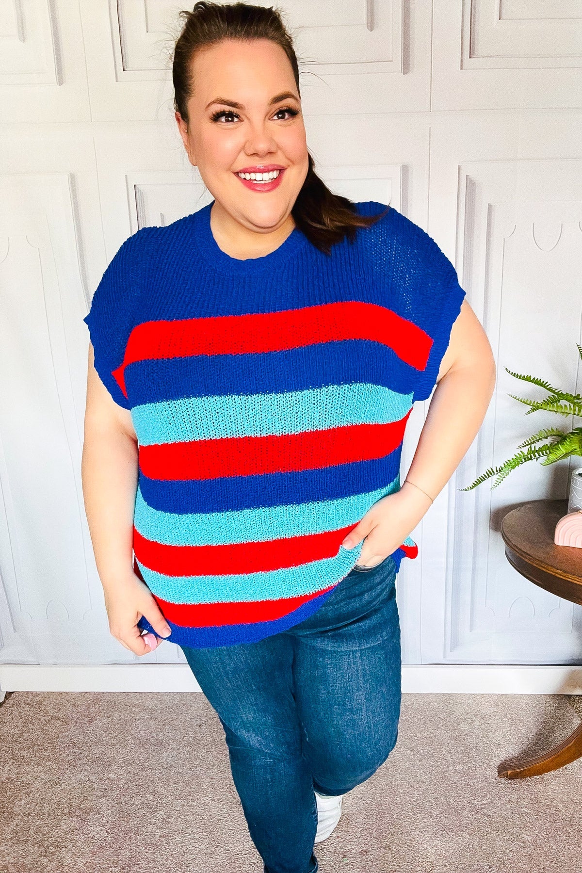 Forget Me Not Royal Blue Stripe Short Sleeve Dolman Sweater