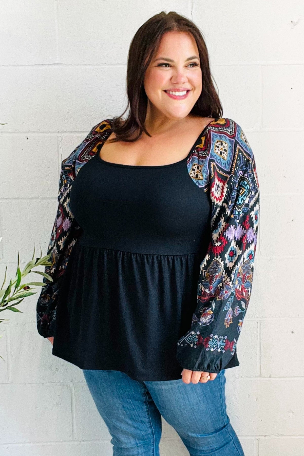 Charming Black Square Neck Border Print Bubble Sleeve Top