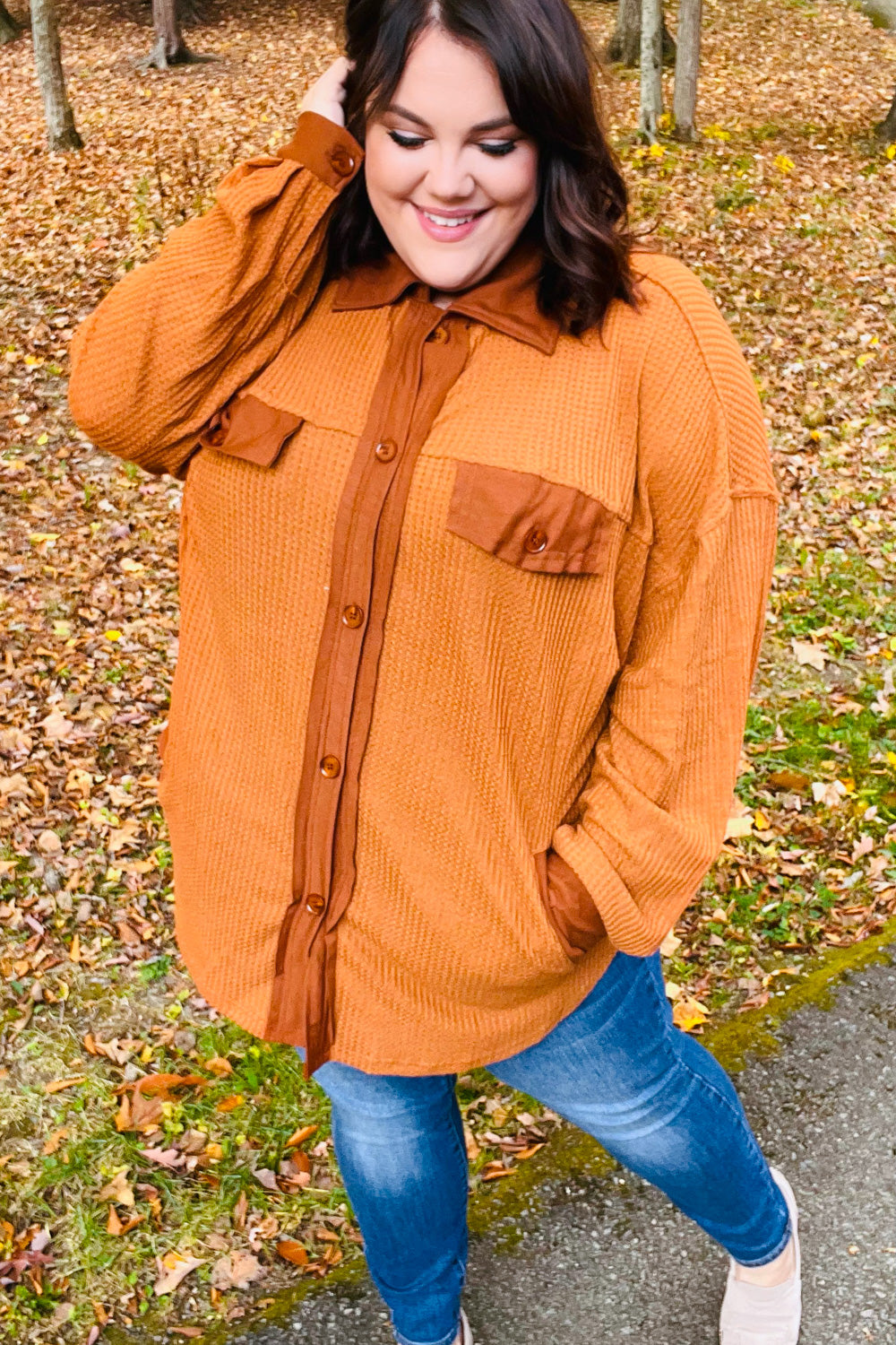 Rust Waffle Button Down Oversized Shacket