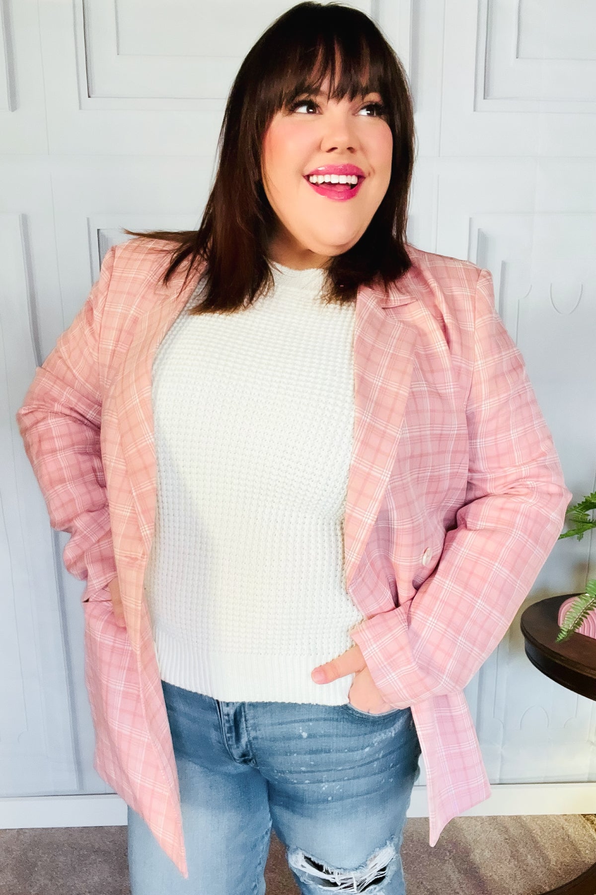 Get To It Pink Plaid Double Breasted Collar Lapel Blazer