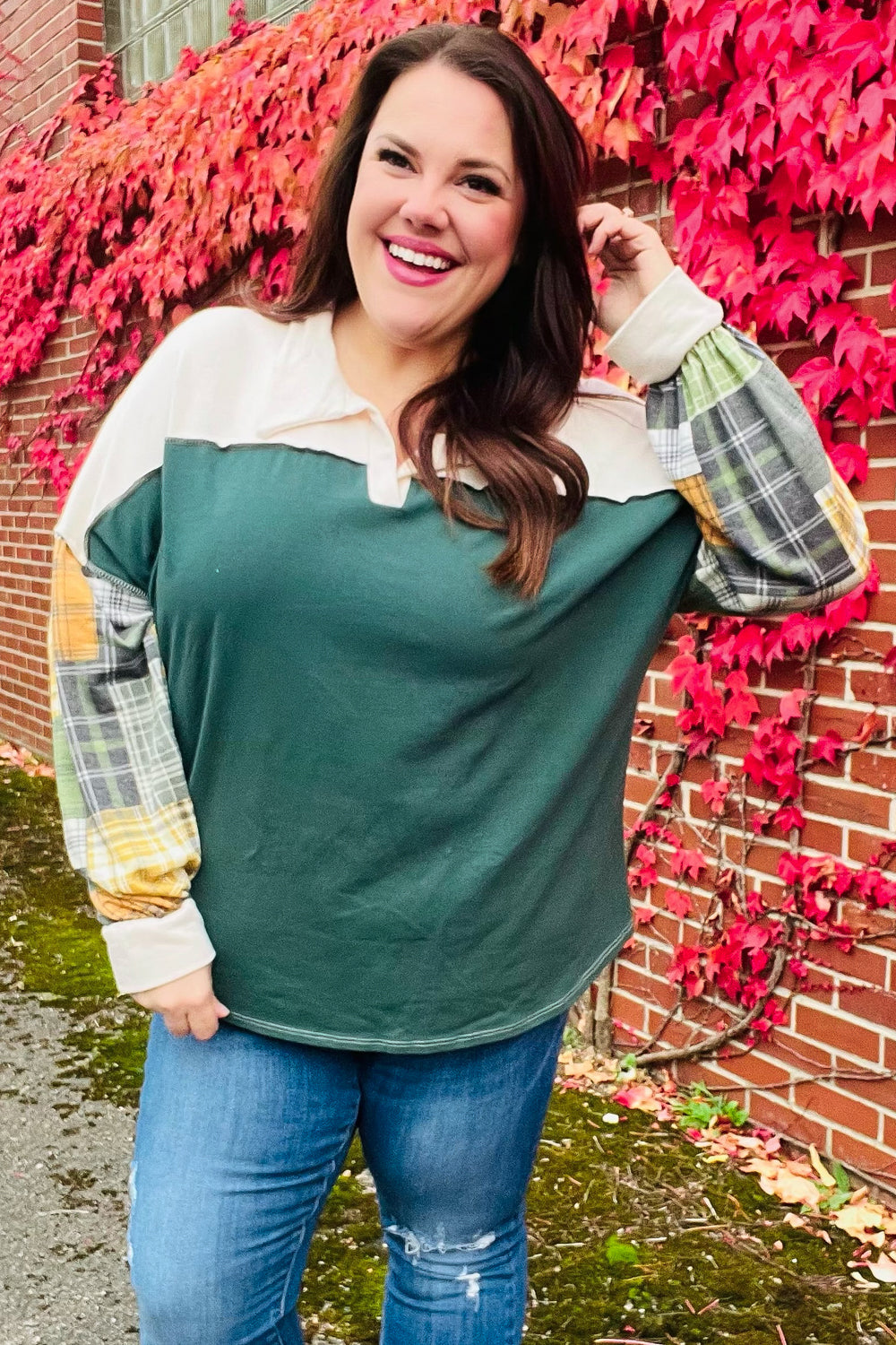 Fall For You Hunter Green Plaid Color Block Collared Terry Top