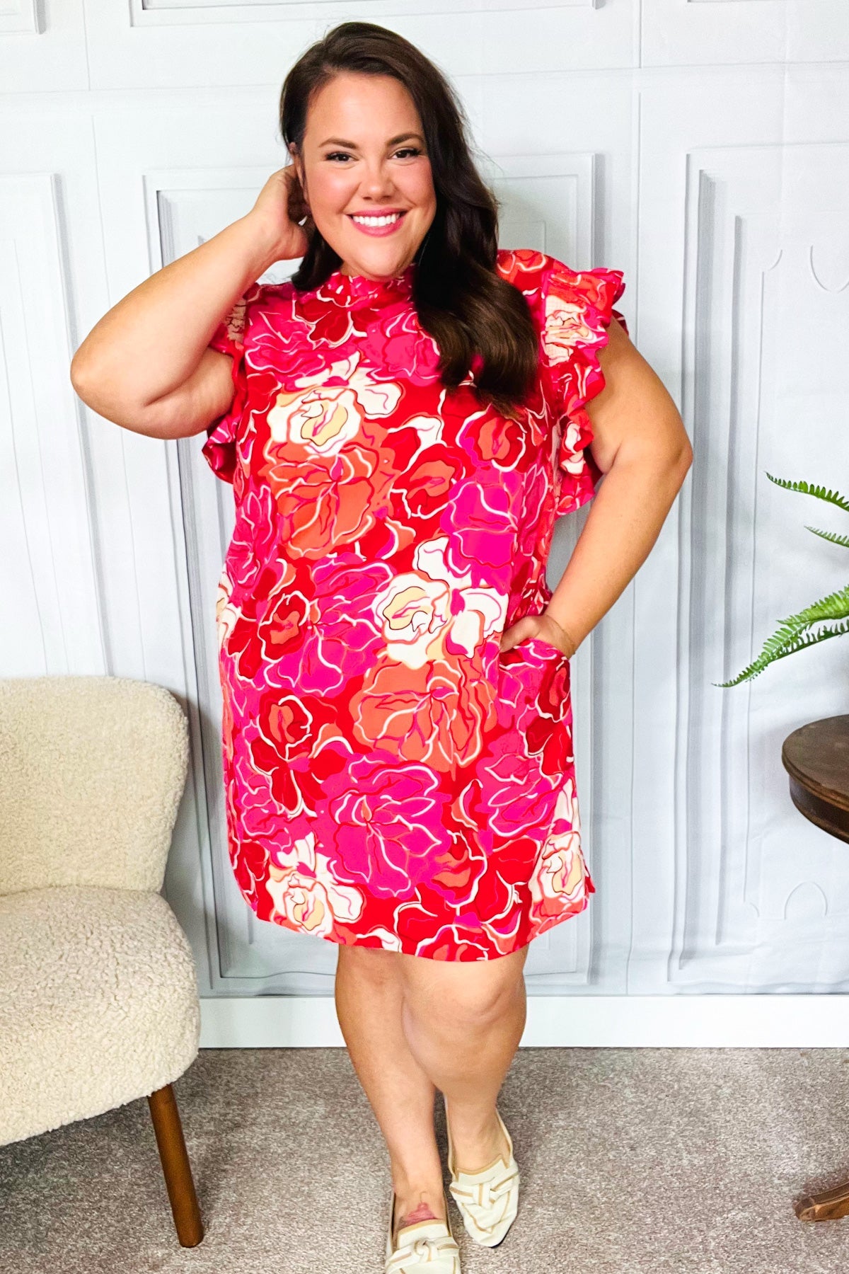 True Love Pink & Red Floral Smocked Ruffle Sleeve Dress