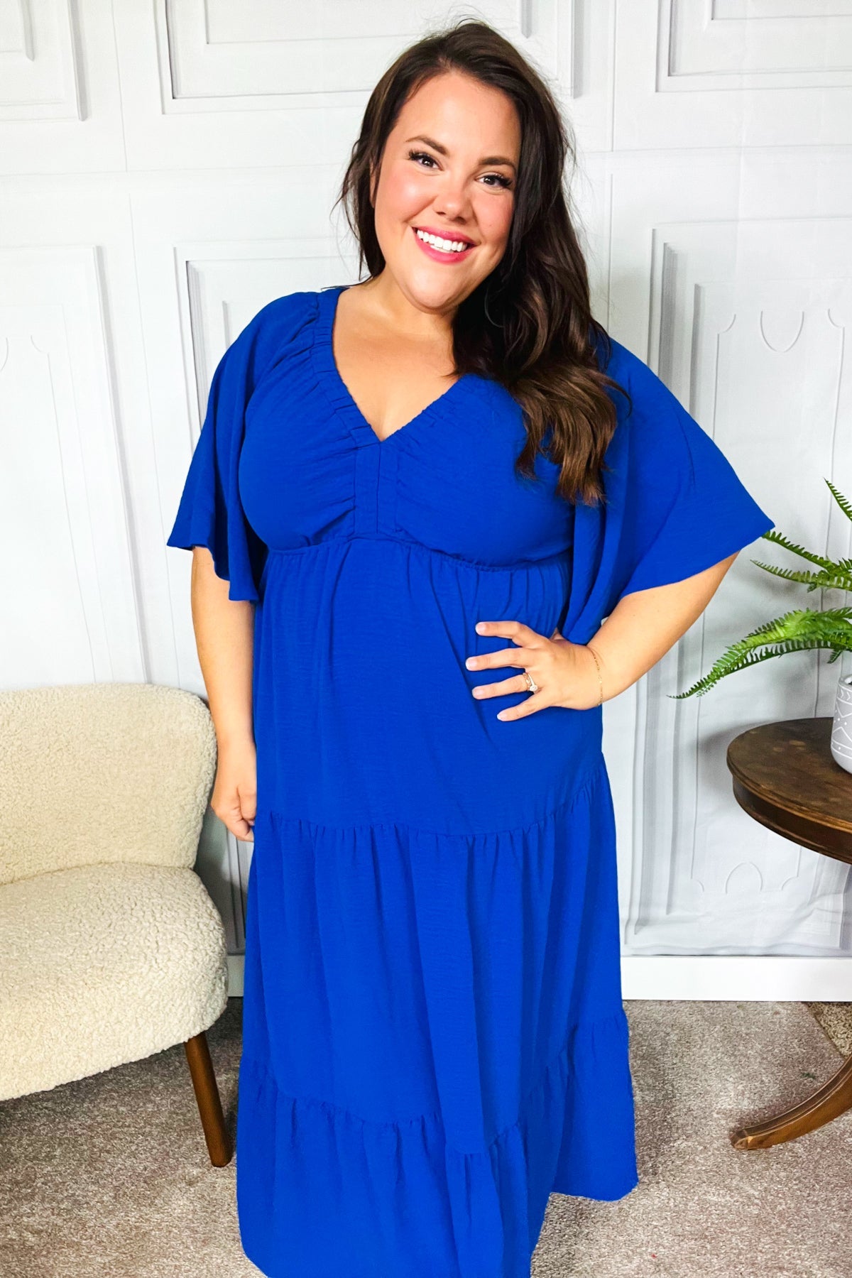 Live For Today Royal Blue Elastic V Neck Tiered Maxi Dress