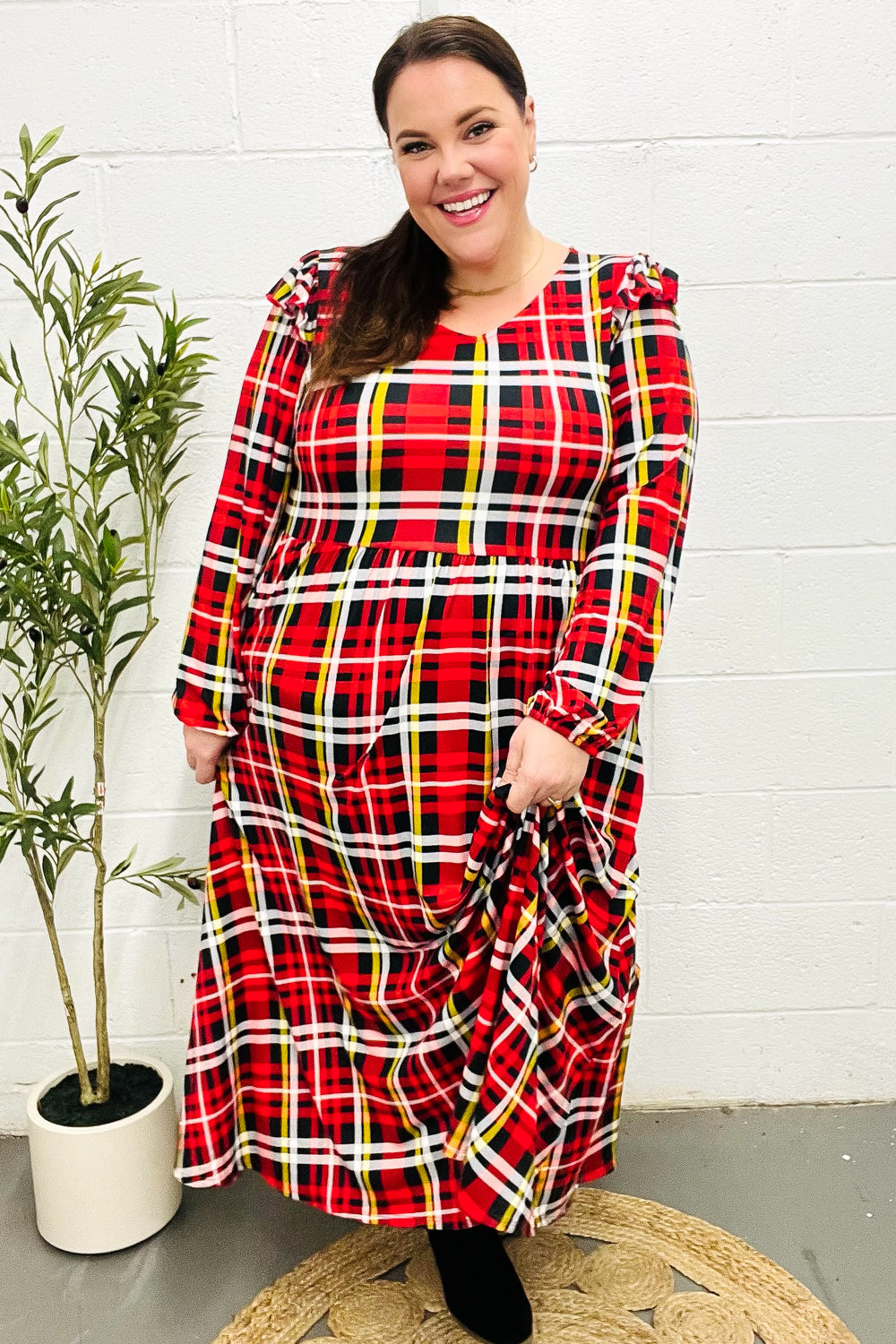 Adorable In Red Plaid Ruffle Detail Fit & Flare Midi Dress