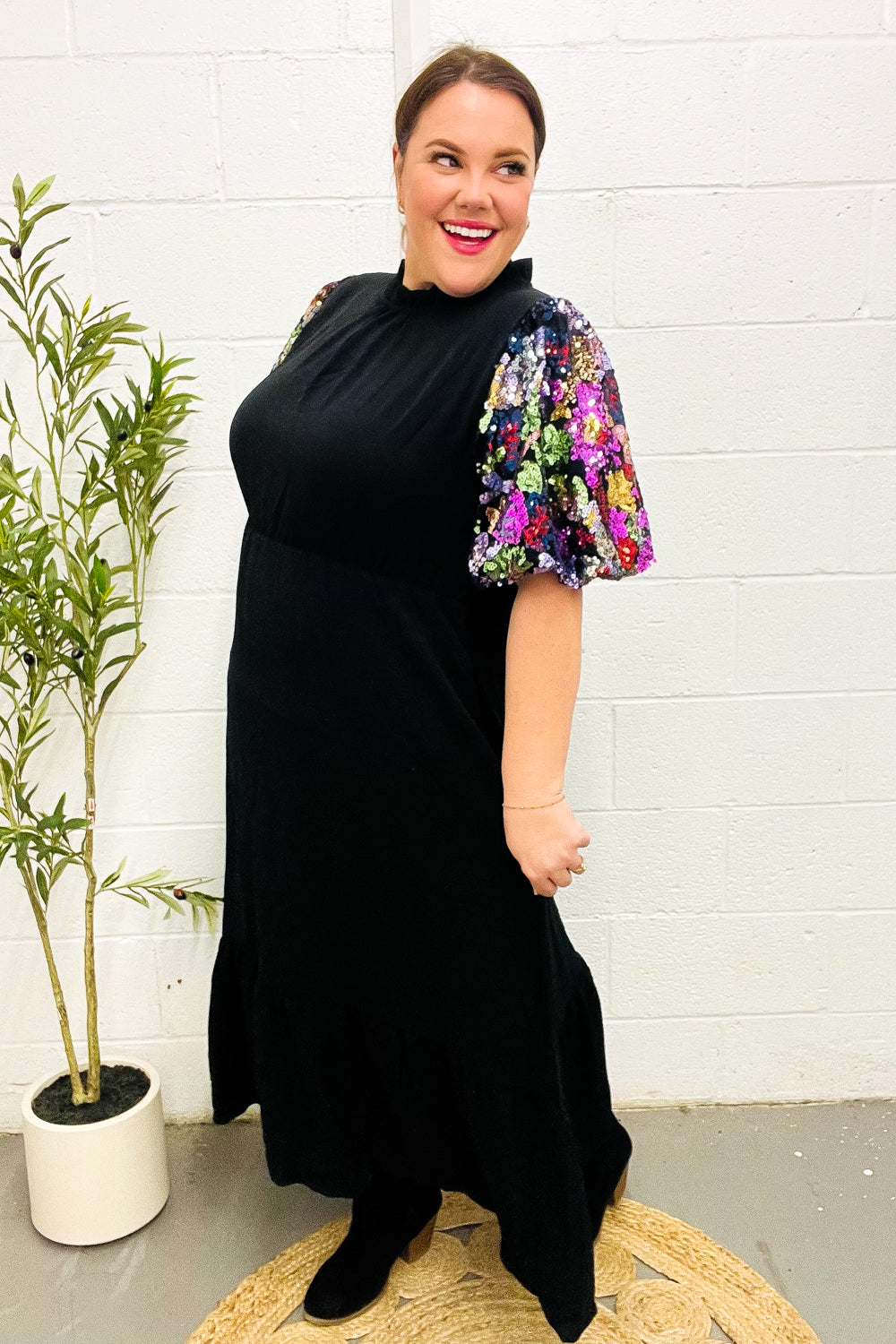 Black Floral Sequin Puff Sleeve Mock Neck Tiered Maxi Dress